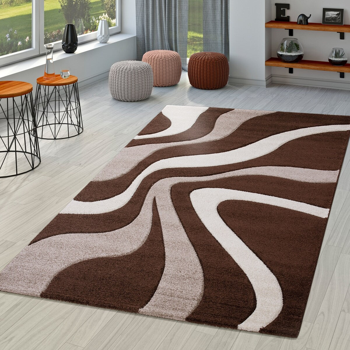 Designer Area Rug with Contour Cut and Modern Wave Pattern