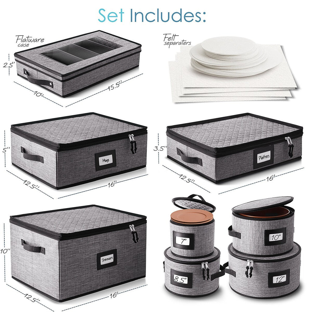 StorageBud Dinnerware Storage Containers - Stackable Holders for Plates, Cups, Flatware, Stemware, & Platter Sets