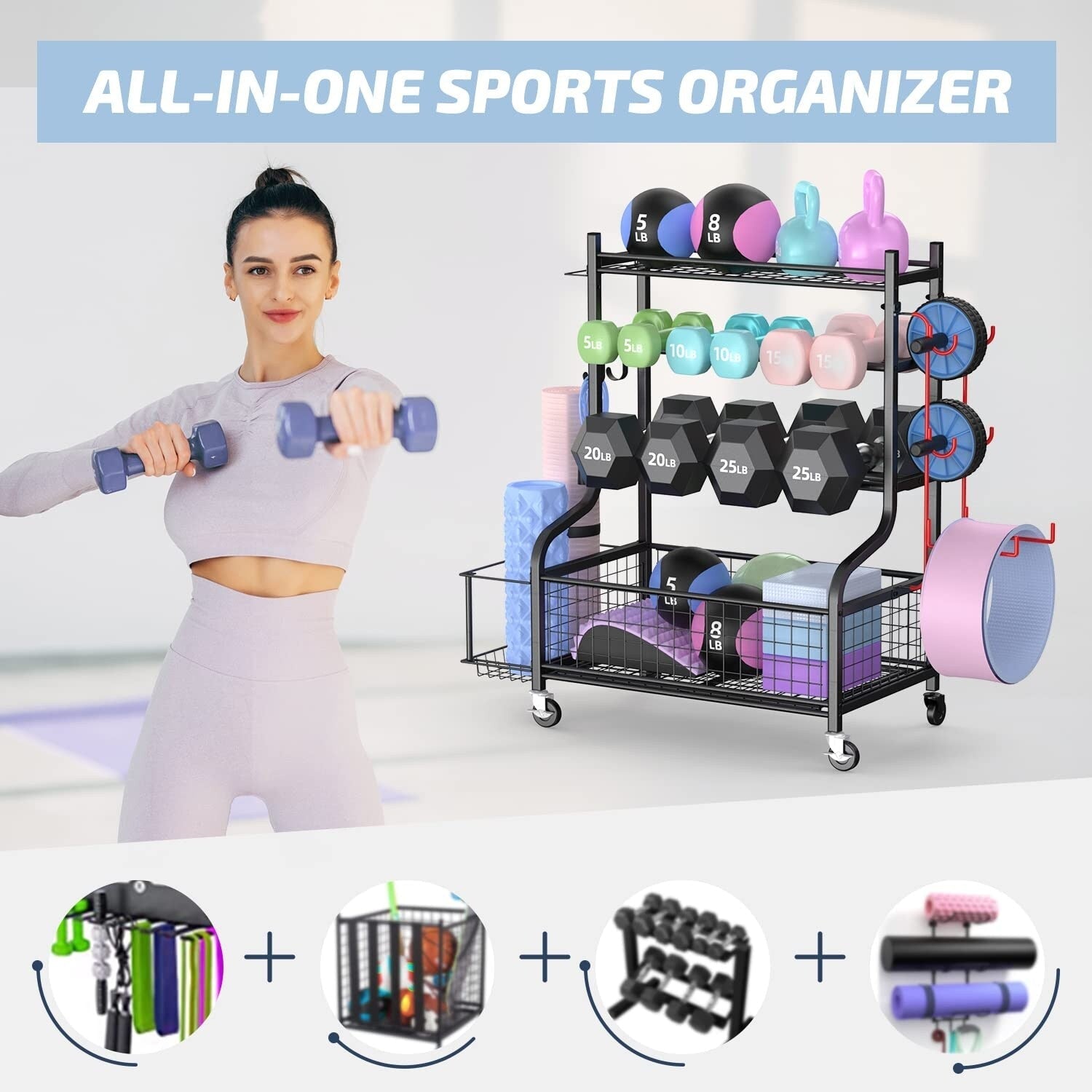 Dumbbell Rack, Weight Rack, Home Gym Storage for Yoga Mat and Balls, Equipment Organzier