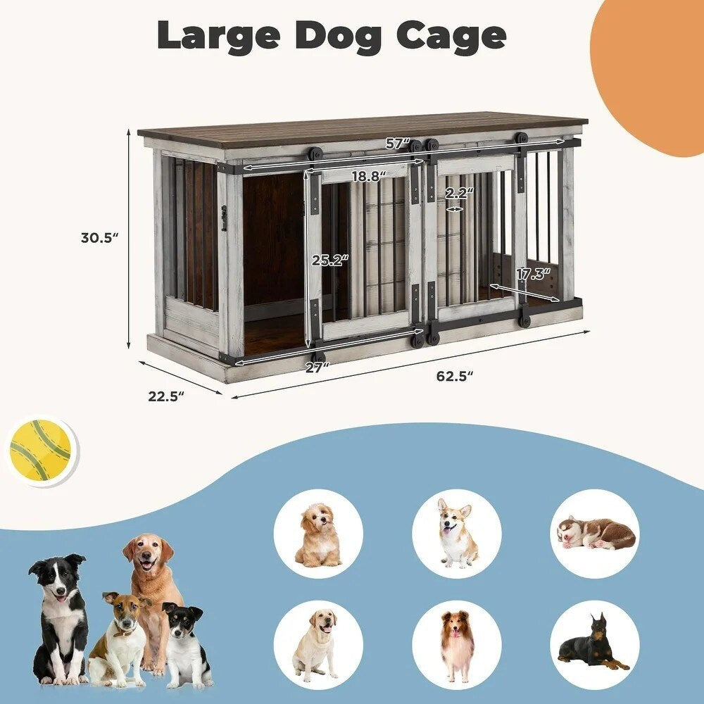 EROMMY Solid Wood Dog Crate Furniture, Indoor Dog Kennel with Sliding Door TV Cabinet, Chic Wooden Dog House, Stylish Dog Cage