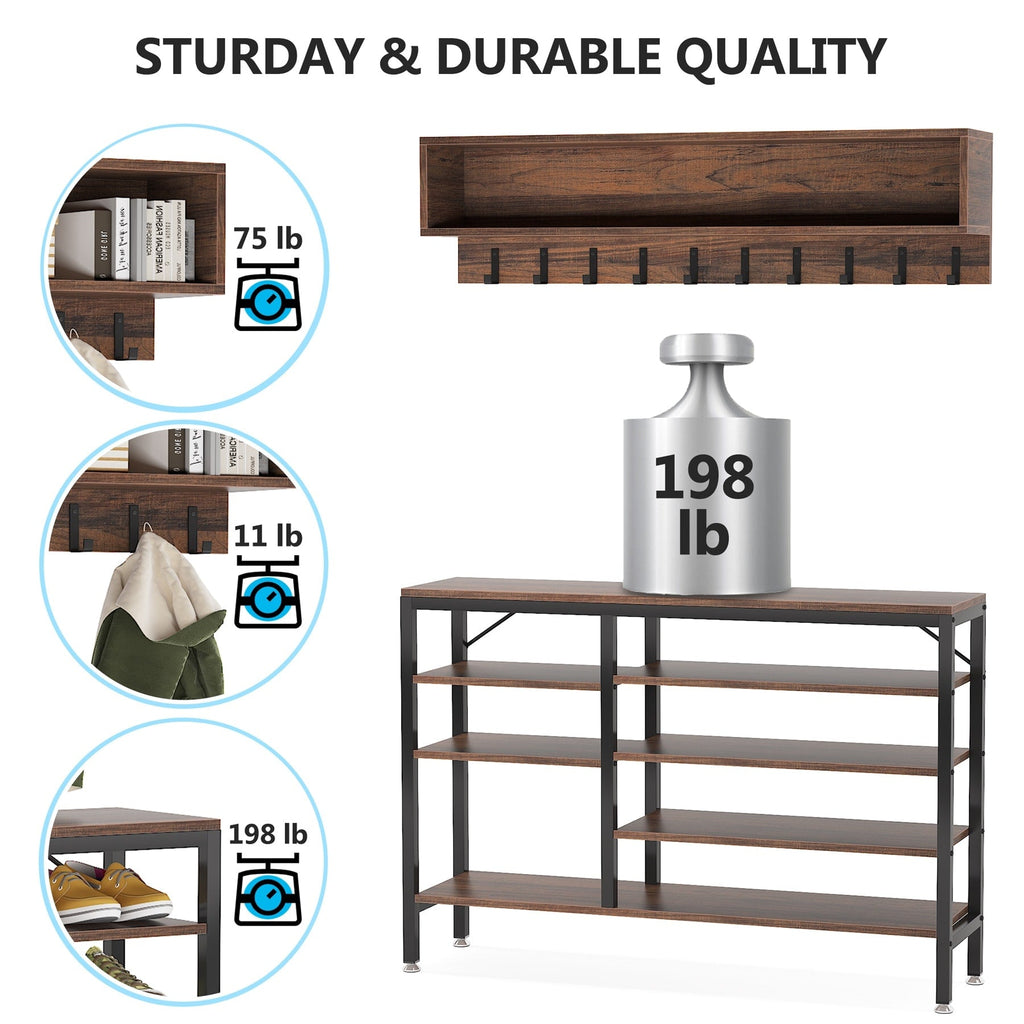 Entryway Coat Rack Shoe Bench Set, Industrial Hall Tree Coat Shoe Rack