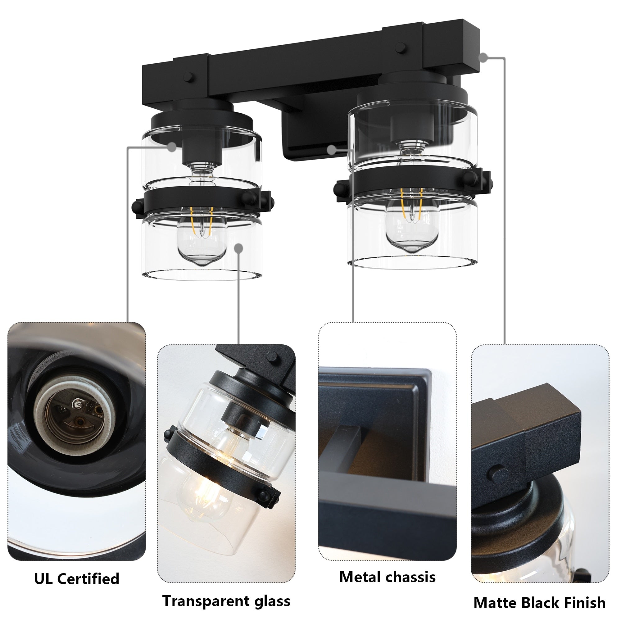 ExBrite Farmhouse 3-lights Bathroom Dimmable Iron Black Vanity Lights Wall Sconces