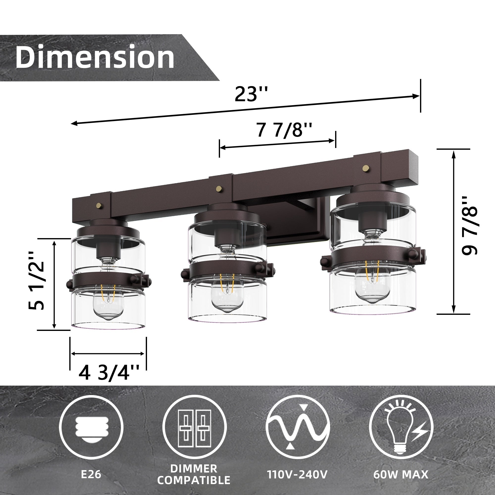 ExBrite Farmhouse 3-lights Bathroom Dimmable Iron Black Vanity Lights Wall Sconces