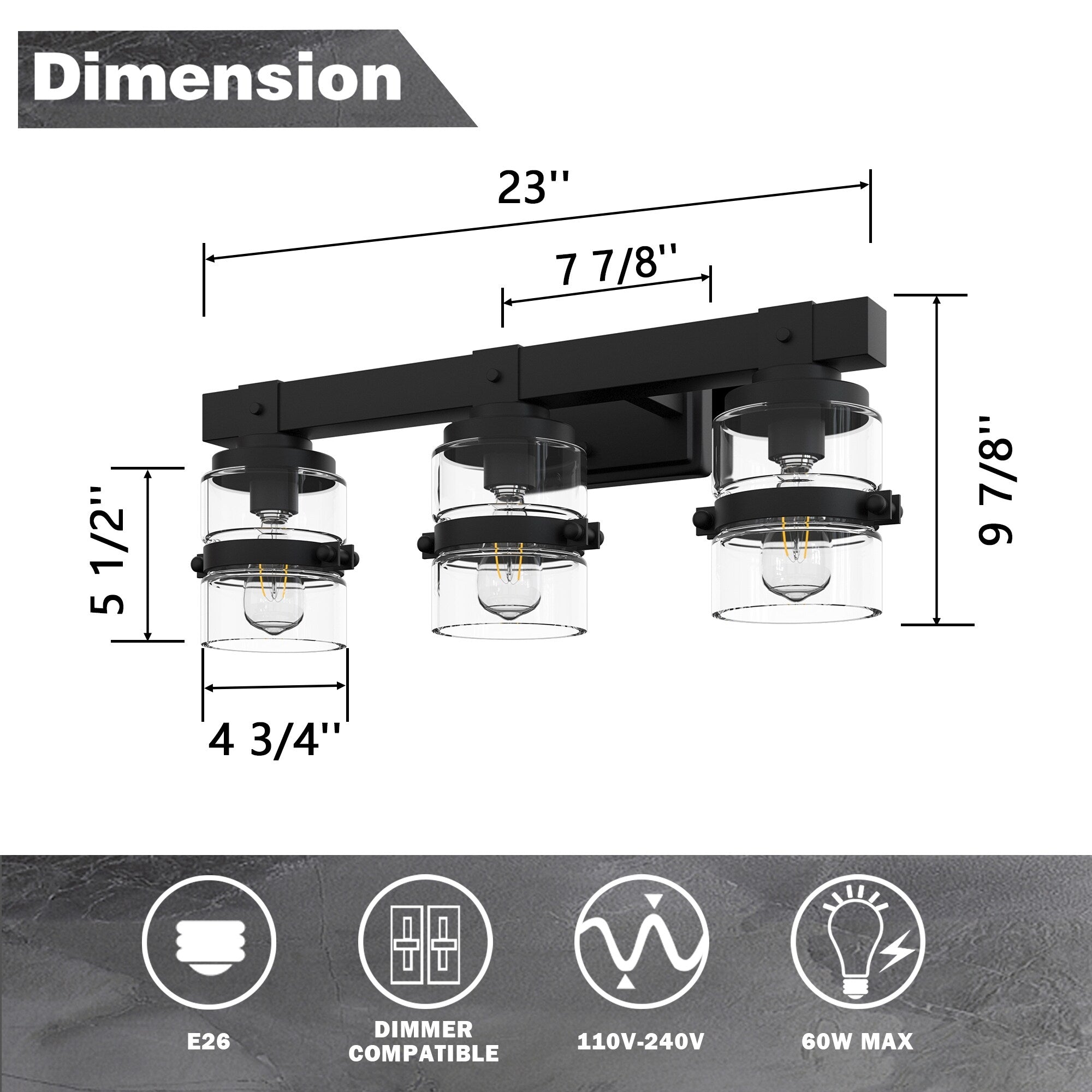 ExBrite Farmhouse 3-lights Bathroom Dimmable Iron Black Vanity Lights Wall Sconces