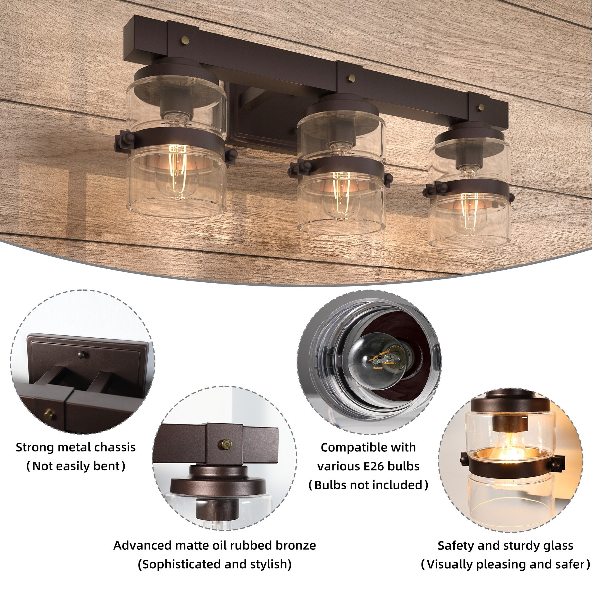 ExBrite Farmhouse 3-lights Bathroom Dimmable Iron Black Vanity Lights Wall Sconces