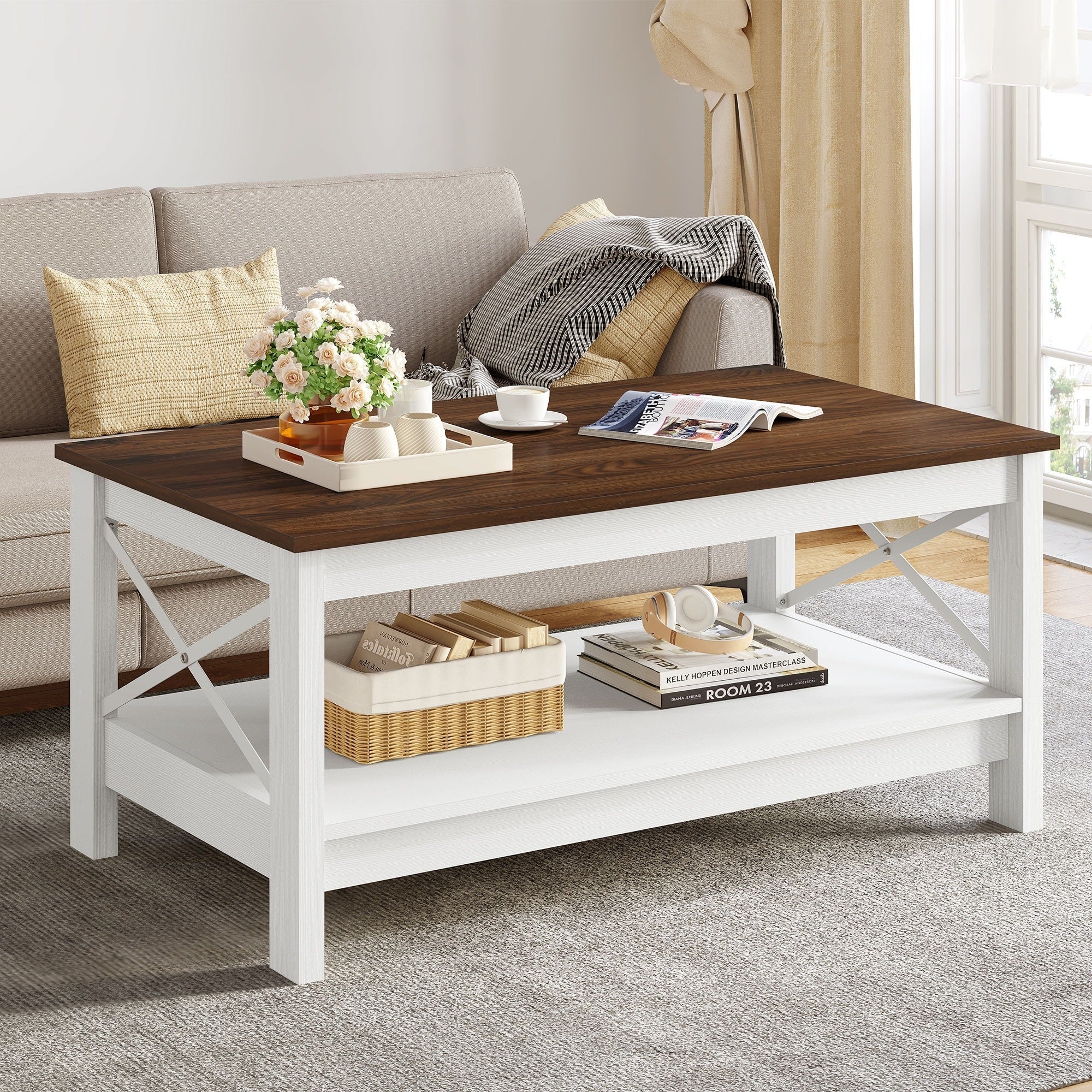 Farmhouse Coffee Table with Storage 2-Tier Center Table for Living Room