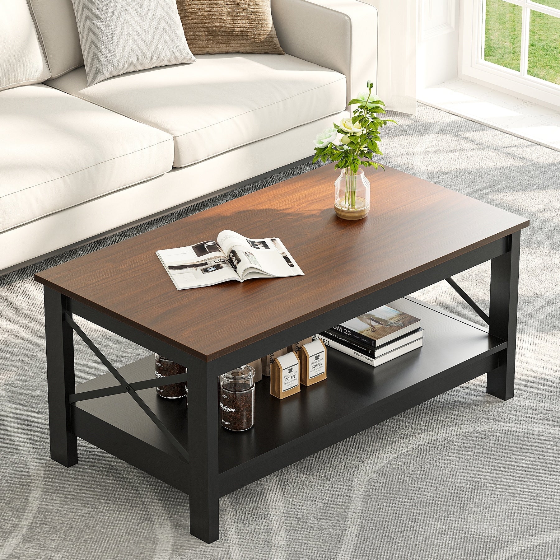 Farmhouse Coffee Table with Storage 2-Tier Center Table for Living Room