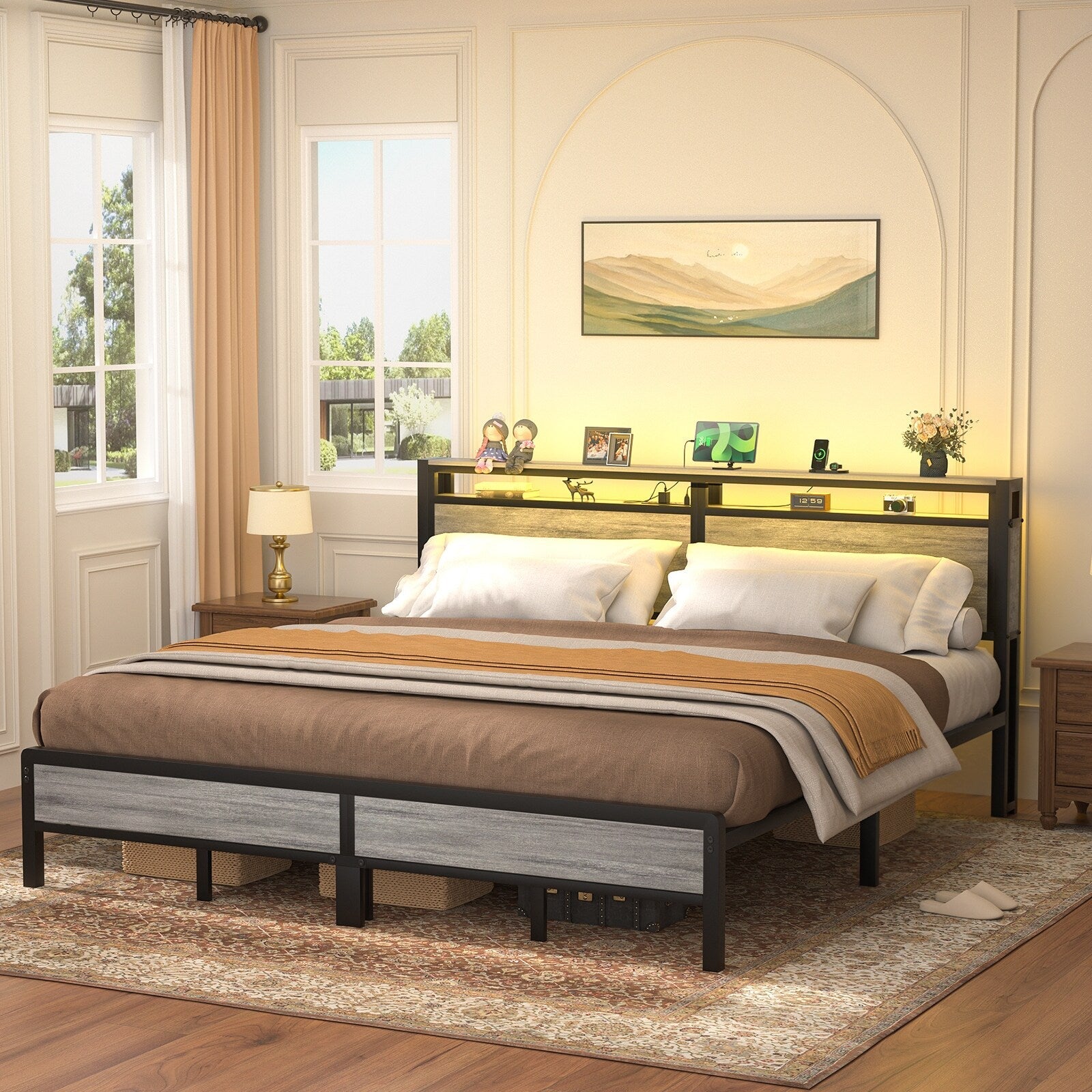 Farmhouse Wood Platform Bed Frame with Charged Station and LED Lights