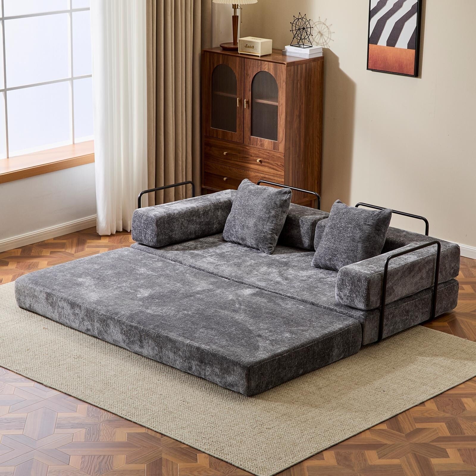 Floor Sofa Bed Convertible with Pillow Back Chenille Fabric for Living Room Bedroom