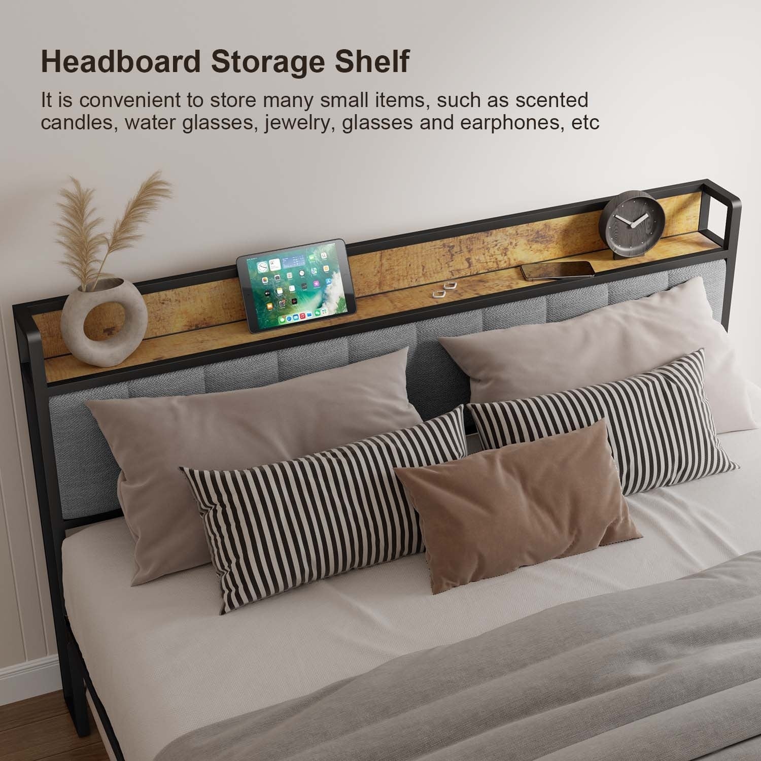 Twin / Full / Queen / King Size Metal Platform Bed Frame with Upholstered Storage Headboard