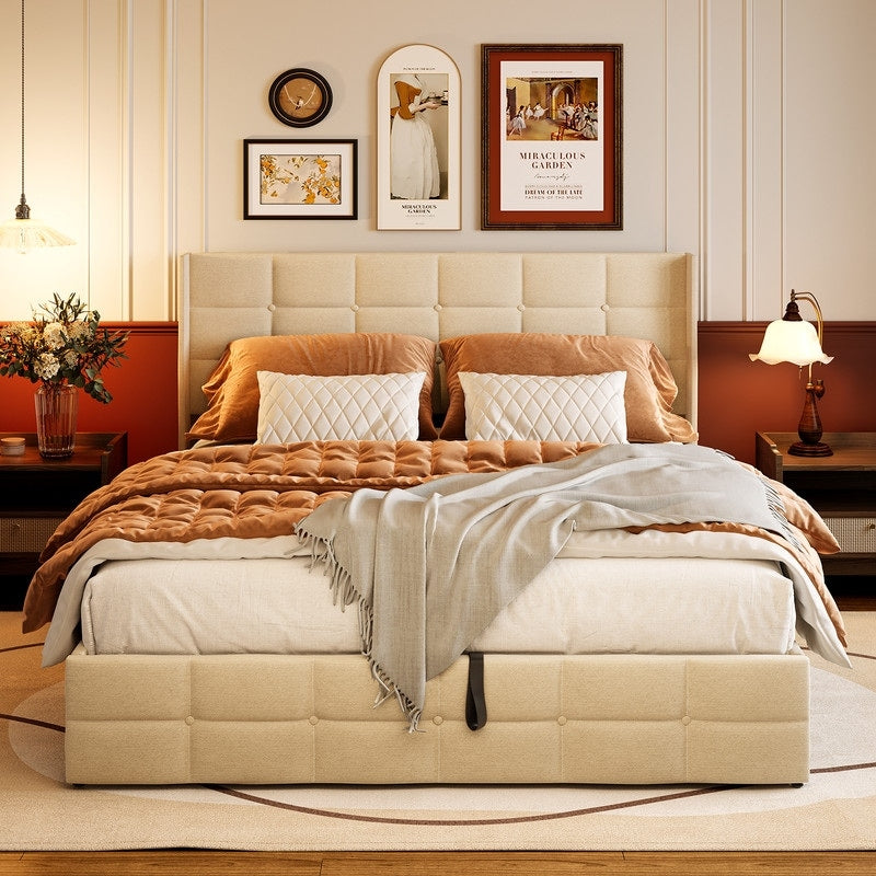 Lift Up Storage Bed Frame, Upholstered Platform Bed Frame with Hydraulic Storage System and Headboard