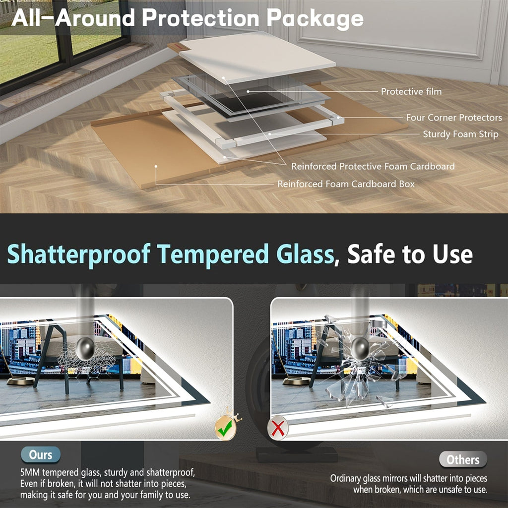 Full Size Front & Back LED Lighted Anti-fog Tempered Glass Wall Bathroom Vanity Mirror