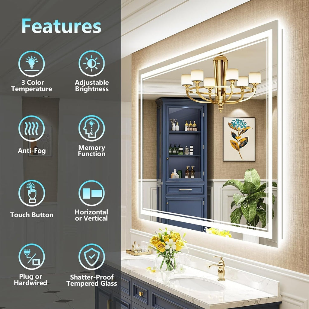 Full Size Front & Back LED Lighted Anti-fog Tempered Glass Wall Bathroom Vanity Mirror