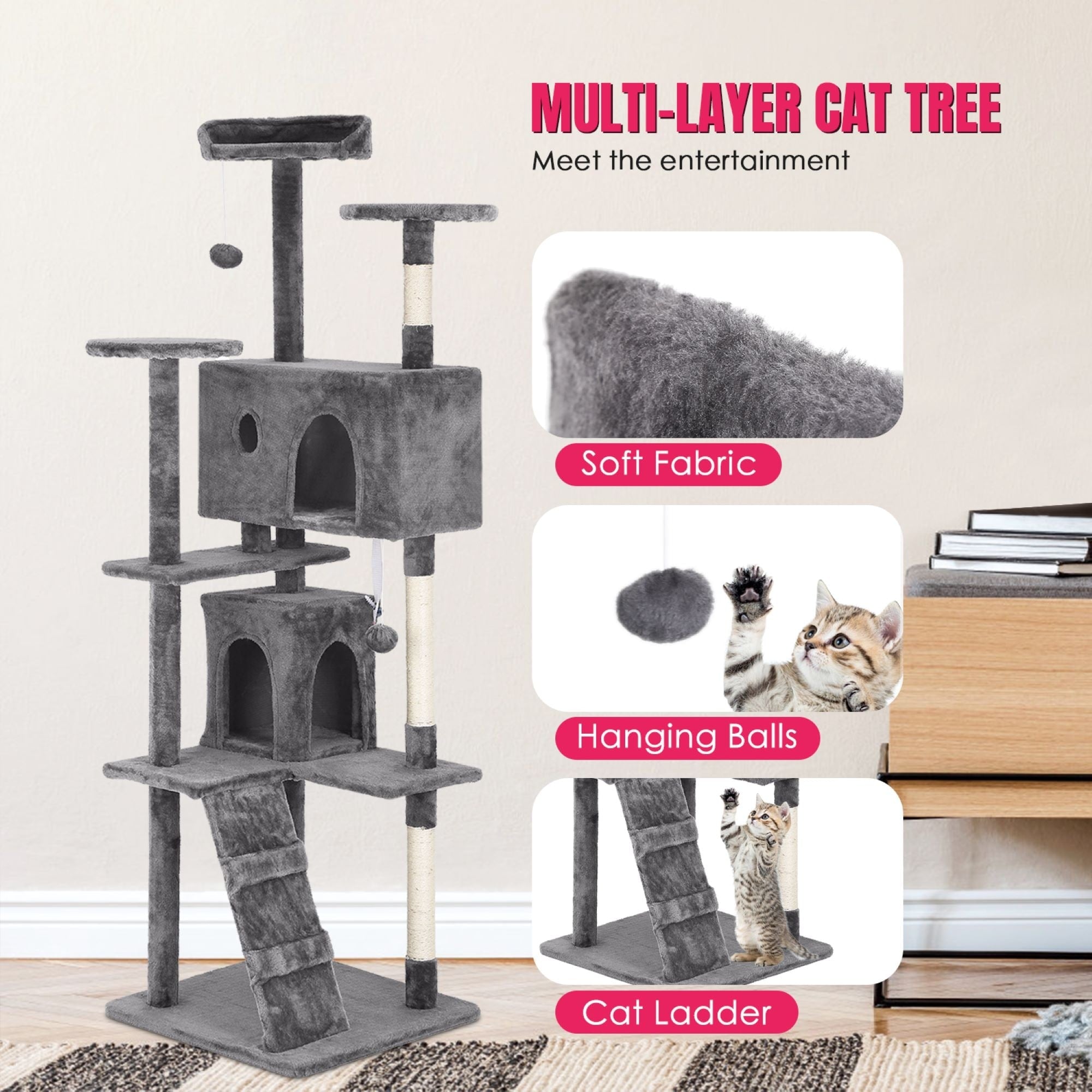 Furniture of America Cat Tree Multi-Level Cat Tower with Ladder, Platforms and Condos