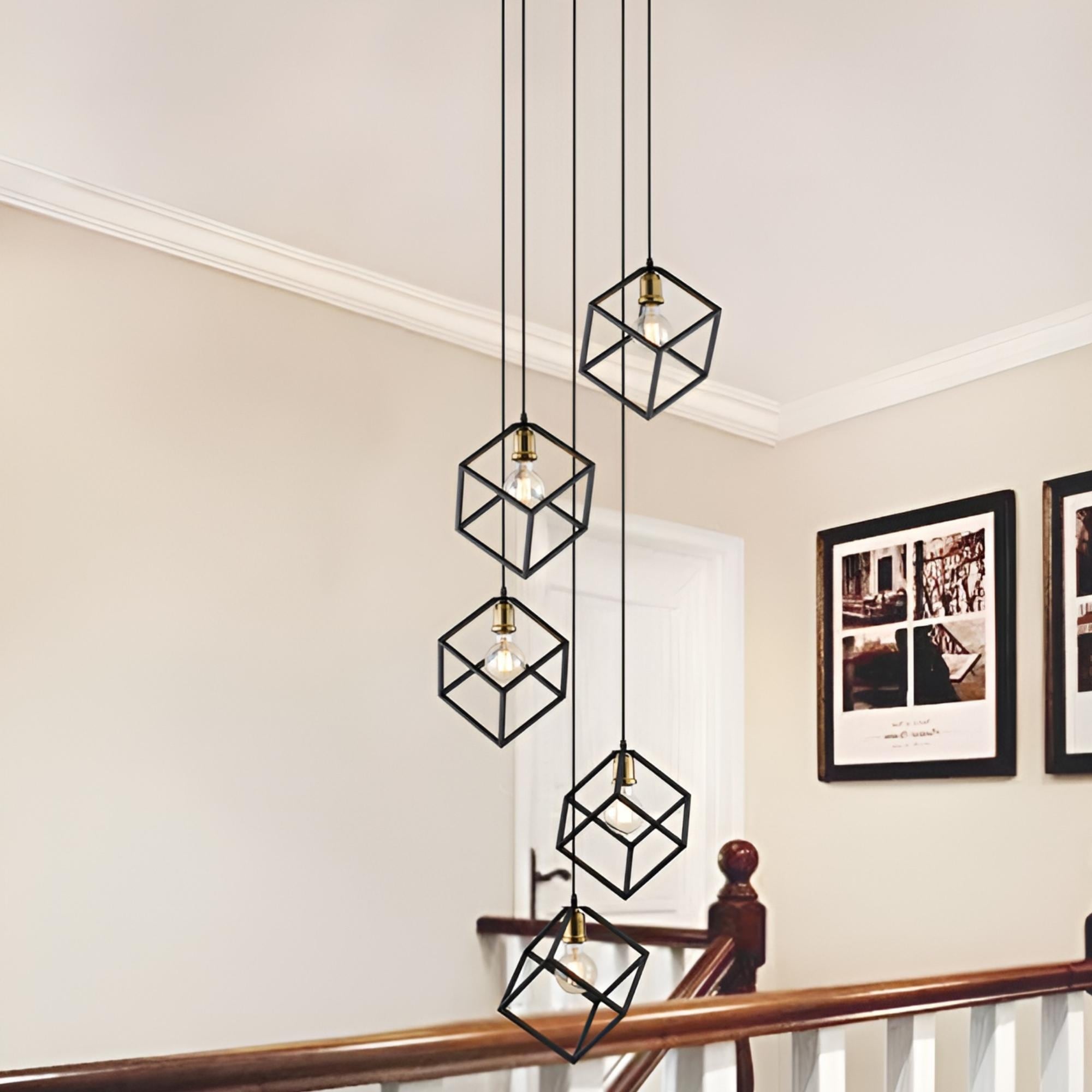 Geometric Pendant Chandelier for Stairway / Staircase, Adjustable Height 5 or 7 Light Cluster