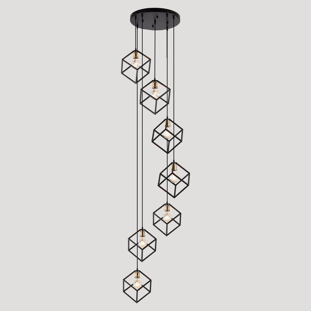 Geometric Pendant Chandelier for Stairway / Staircase, Adjustable Height 5 or 7 Light Cluster