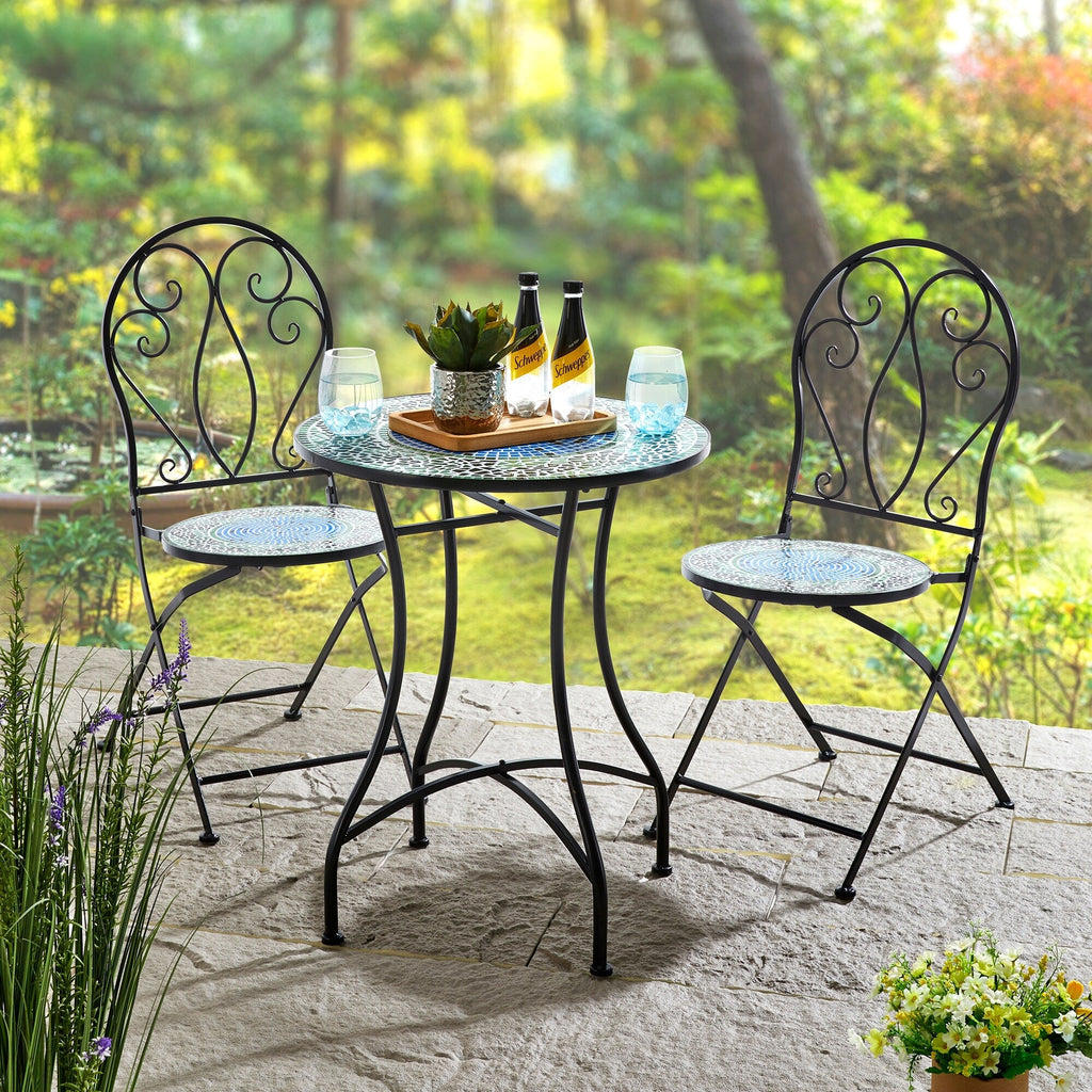 Glitzhome Outdoor Metal Folding Bistro Set 3PCS Patio Table Chairs