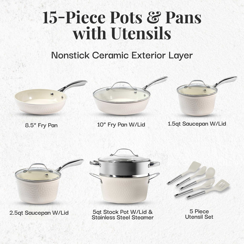 Gotham Steel Hammered Cream 15 Piece Pots and Pans Ultra Ceramic Nonstick Cookware Set with Utensils