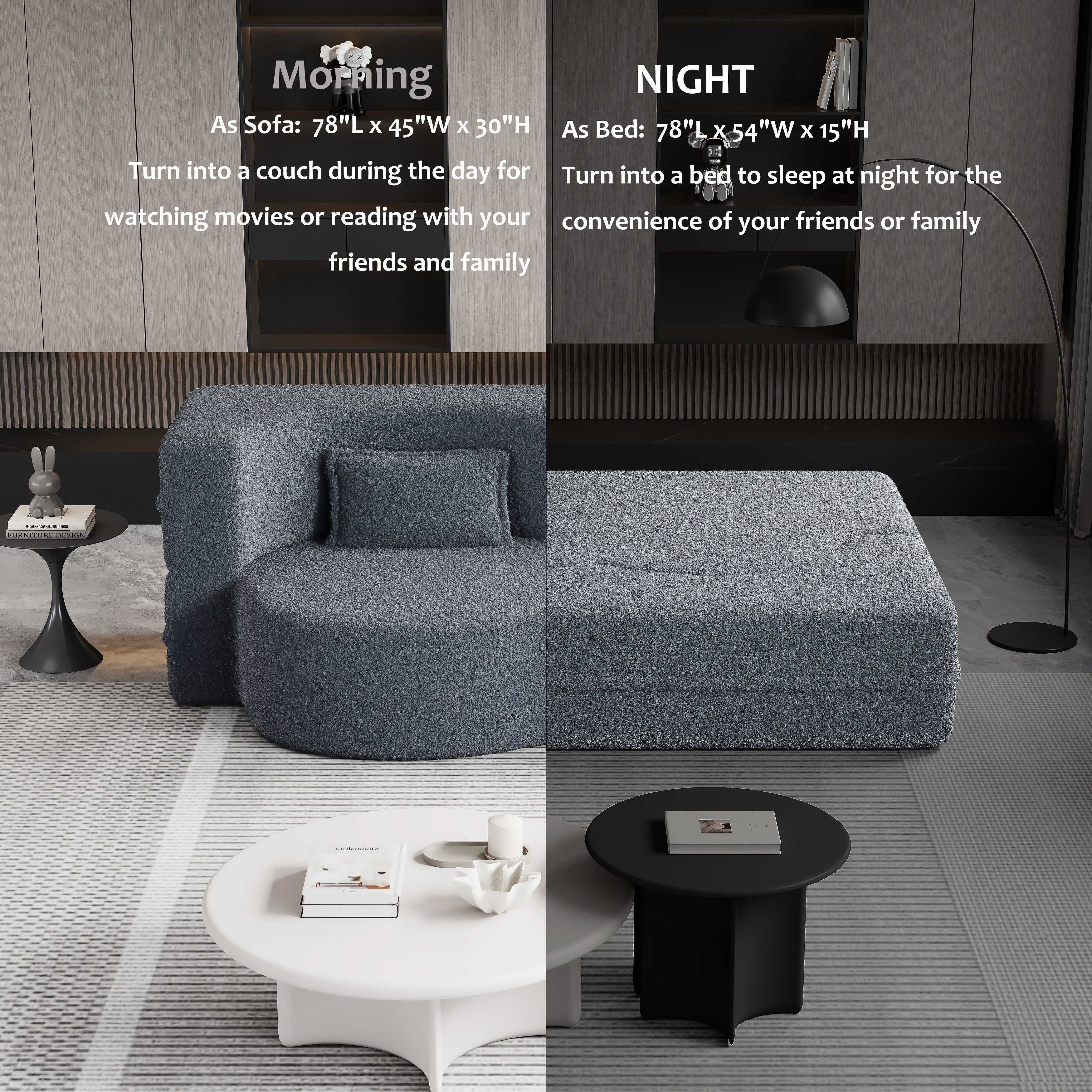 Grey 78 Convertible Teddy Fabric Loveseat Foam-Filled Floor Sofa Bed with 2 Pillows and Folding Mattress for Living Room