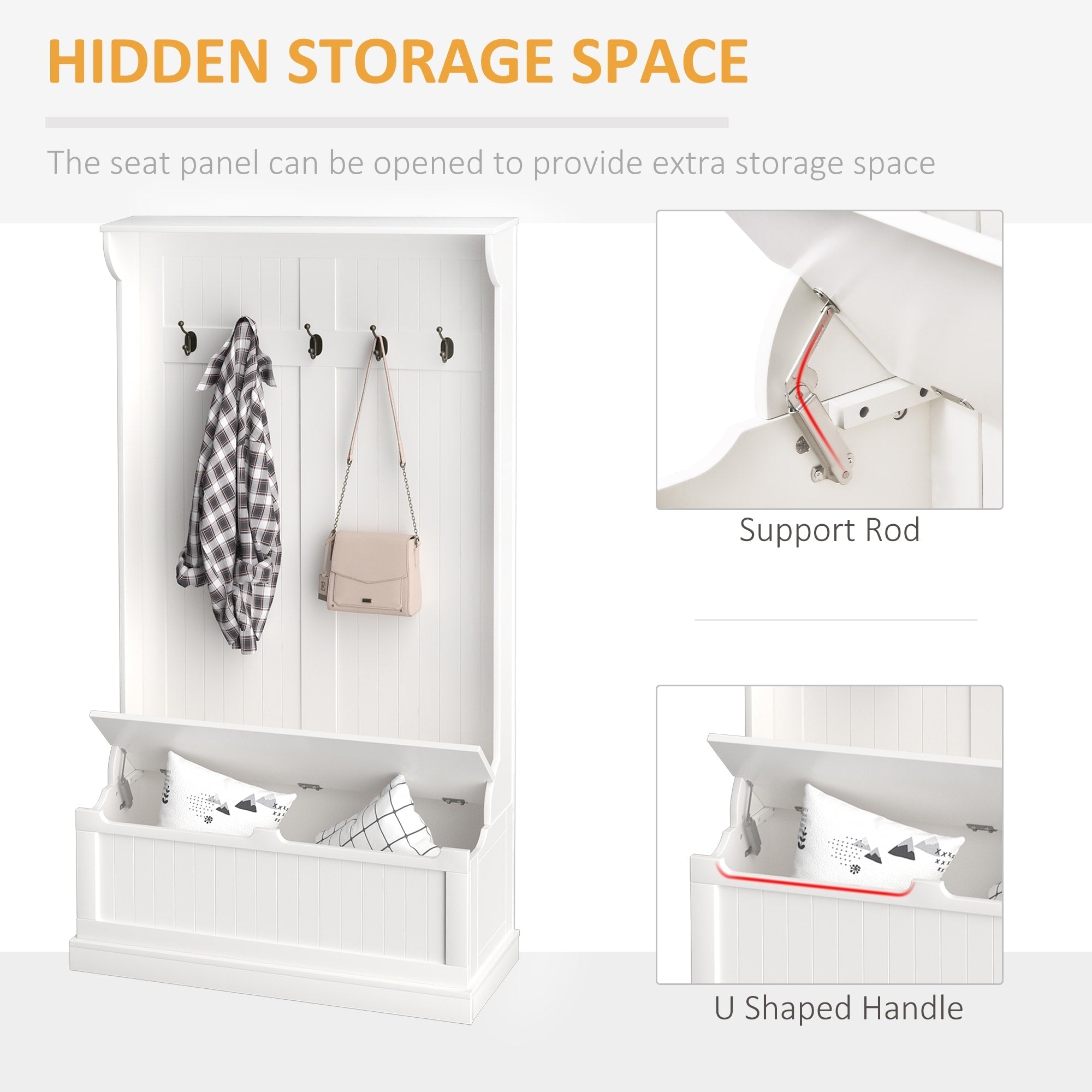 HOMCOM 71 3-In-1 Hall Tree Storage Bench and Coat Rack with 5 Steel Double Hooks, and Anti-Topple Anchor for Entryway