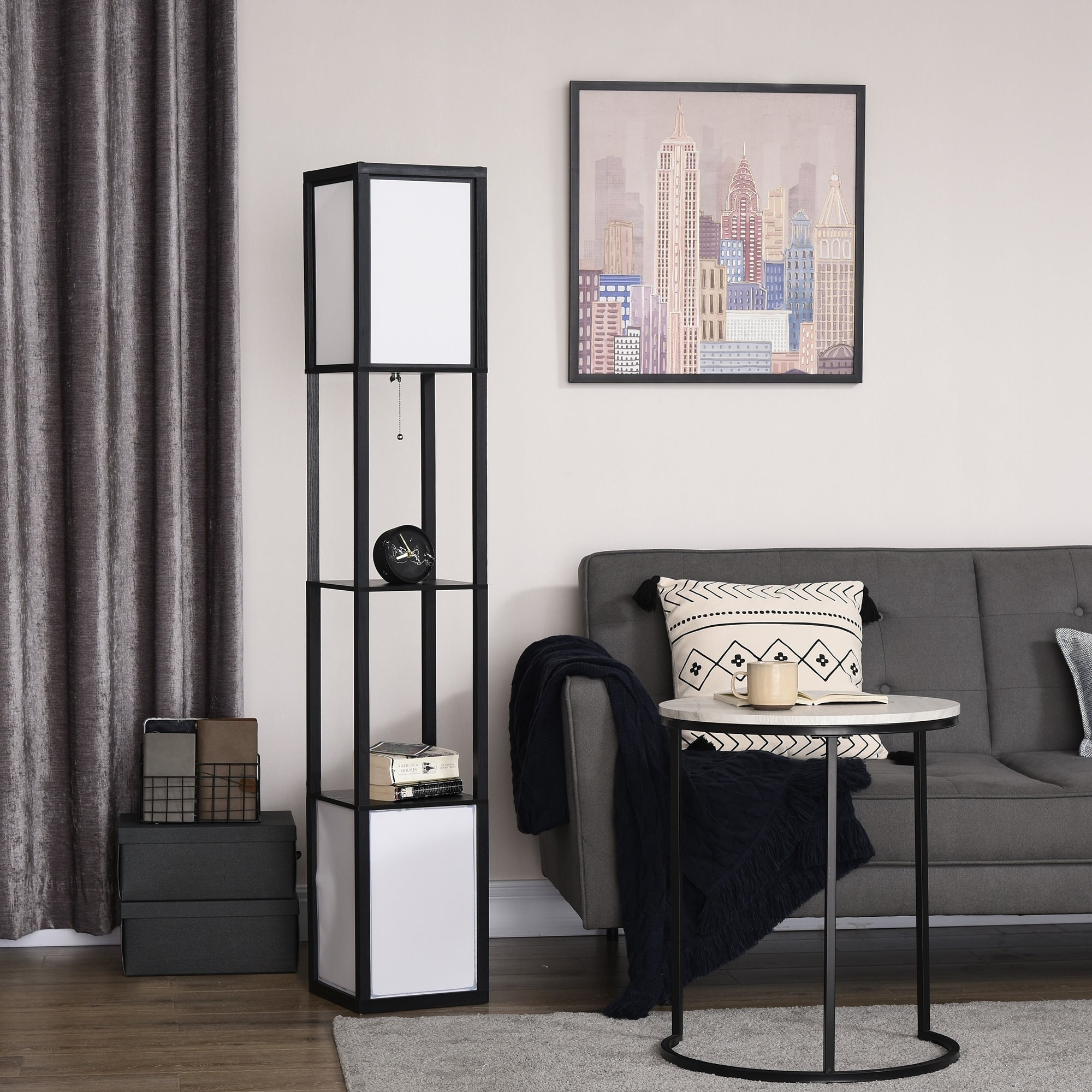 HOMCOM Floor Lamp with Shelves, Dual Light, Modern Tall Standing Lamps, with Fabric Lampshade (Bulb not Included)