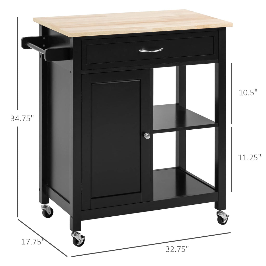 HOMCOM Kitchen Trolley, Wood Top Utility Cart on Wheels with Open Shelf and Storage Drawer for Dining Room, Kitchen