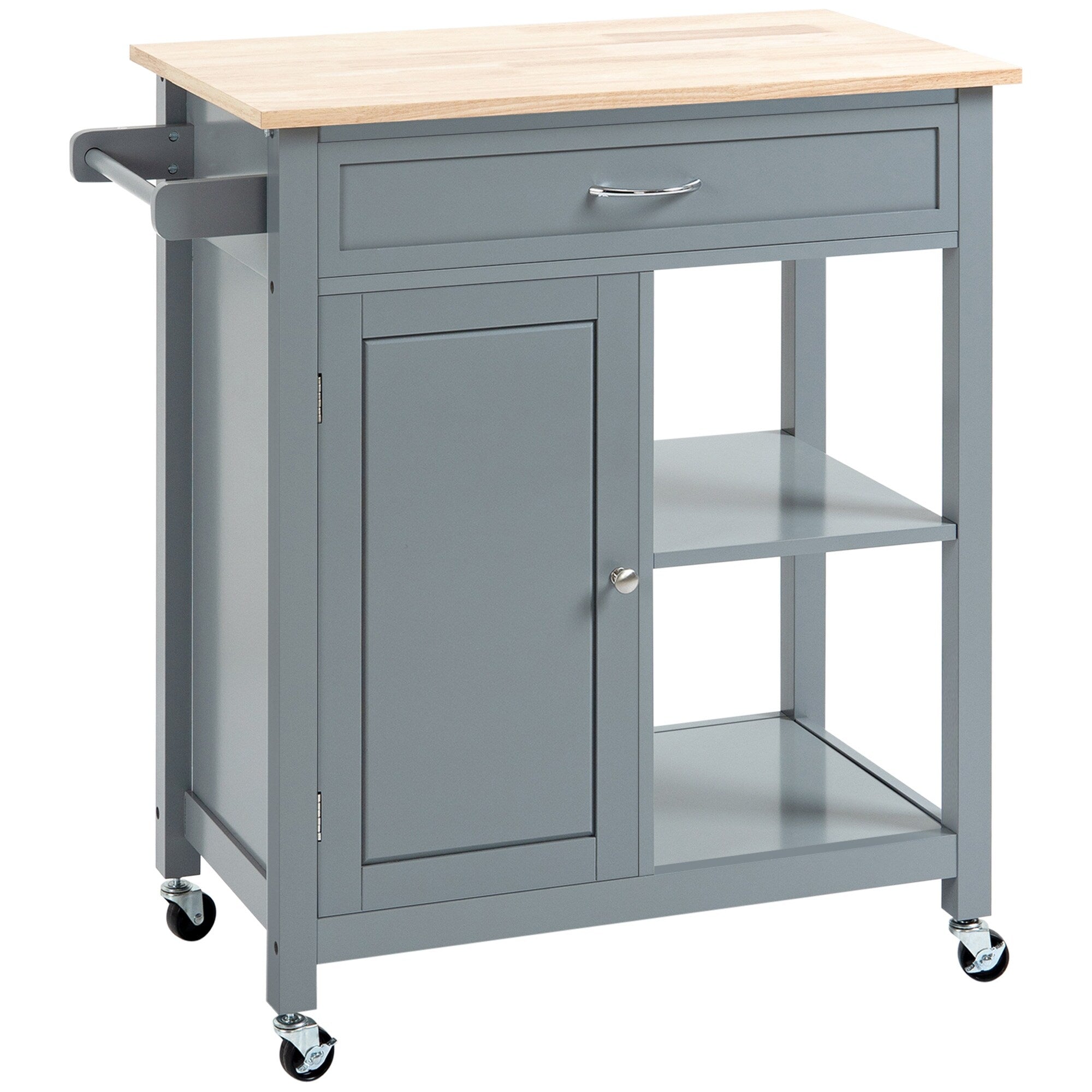HOMCOM Kitchen Trolley, Wood Top Utility Cart on Wheels with Open Shelf and Storage Drawer for Dining Room, Kitchen
