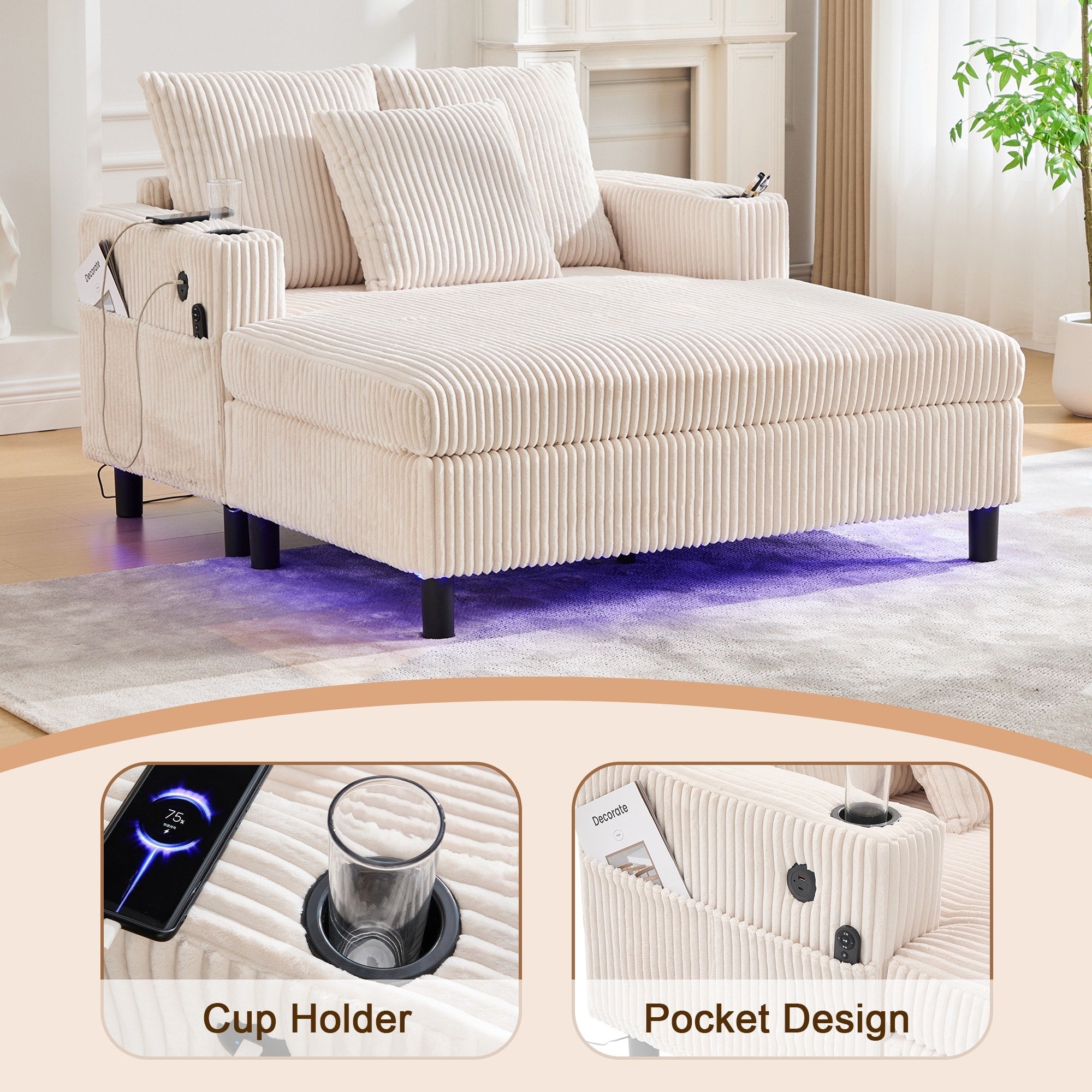 HOMEFUN Corduroy Upholstered Oversized RGB LED Light Recliner Sofa Bed with Cup Holder,USB&3 Pillows