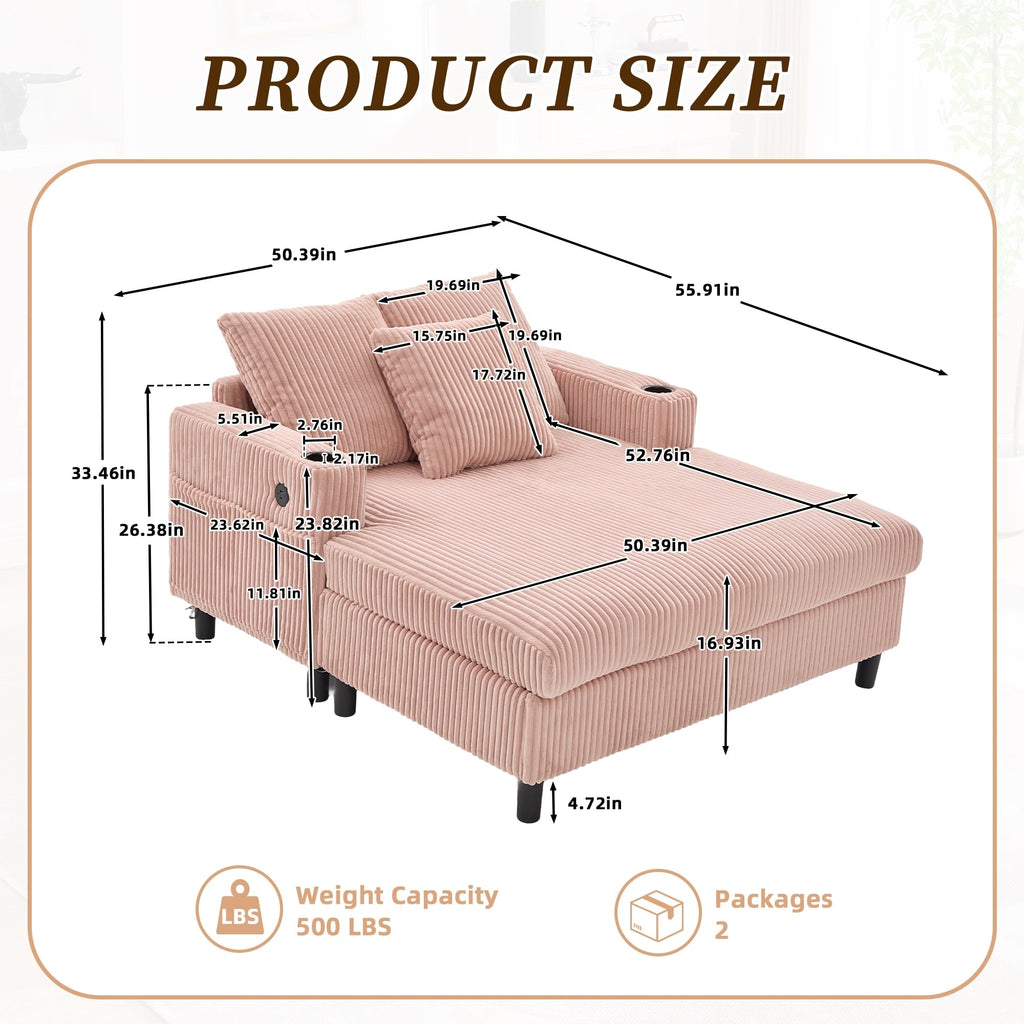 HOMEFUN Corduroy Upholstered Oversized RGB LED Light Recliner Sofa Bed with Cup Holder,USB&3 Pillows