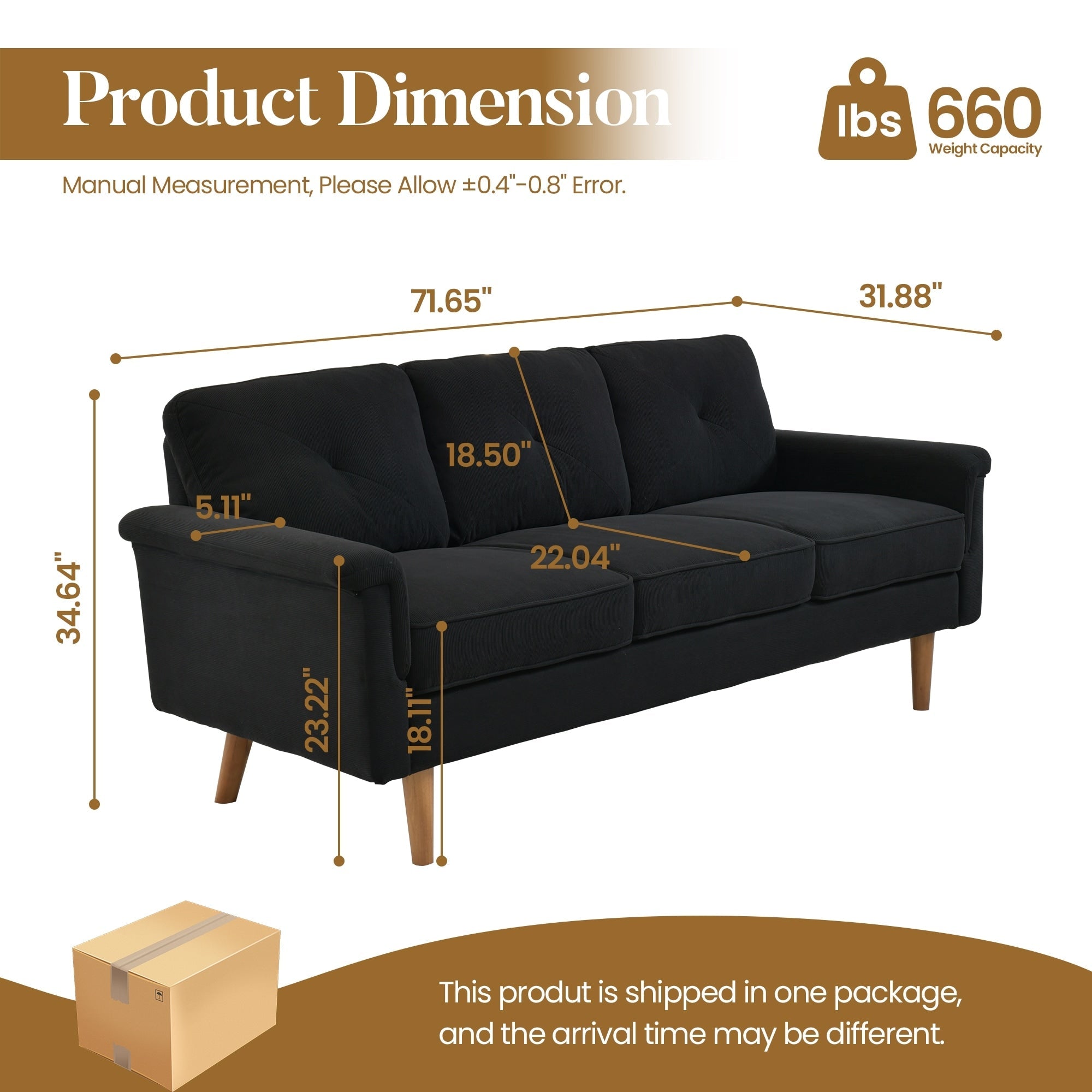 HOOOWOOO Mid-Century 3-Seat Upholstered Sofa with Wood Legs for Living Room