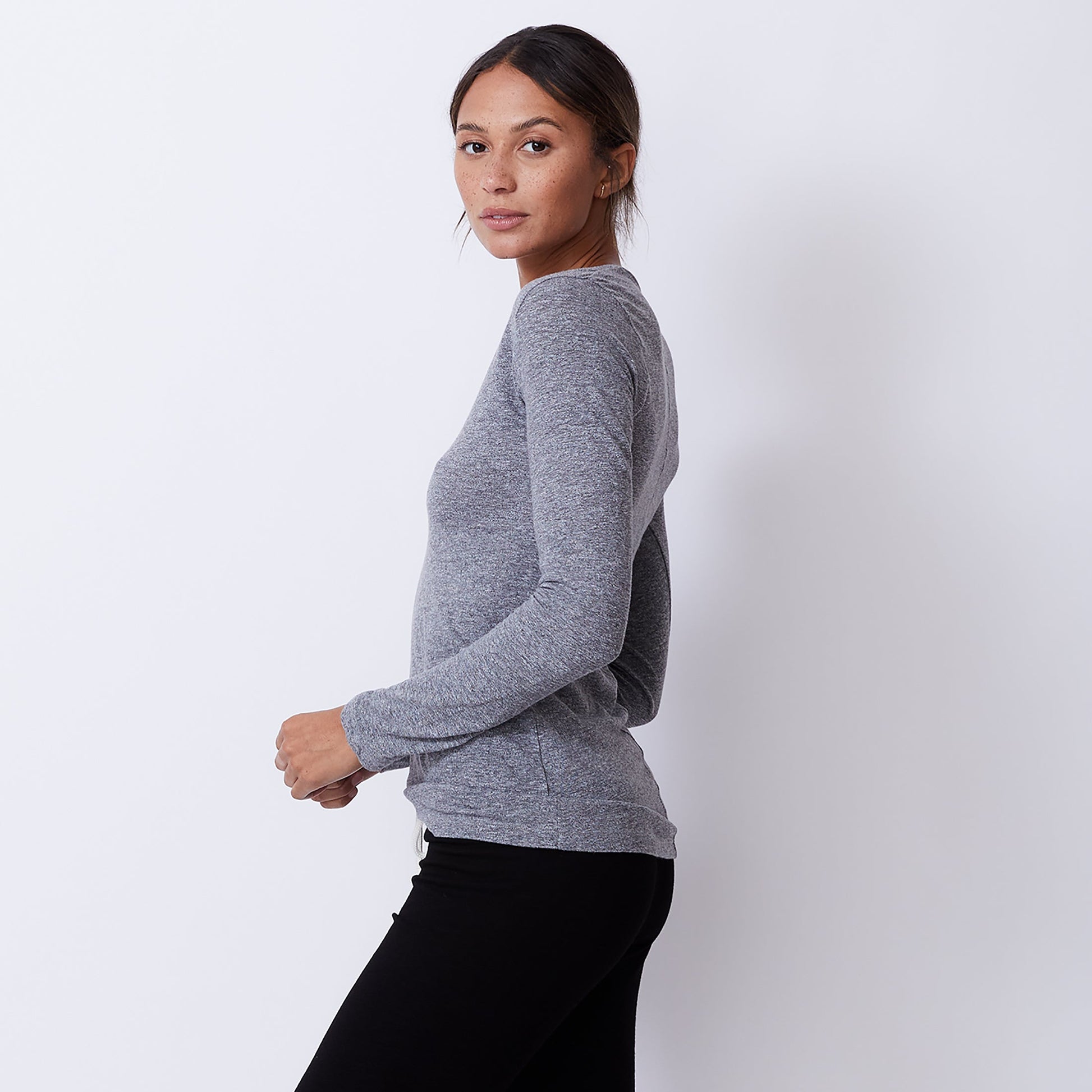 Textured Tri-Blend Fitted Long Sleeve V Neck Tee