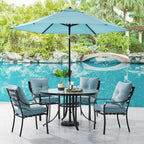 Hanover Lavallette 5-Piece Dining Set in Ocean Blue with 4 Stationary Chairs, 52-In. Round Glass-Top Table, Umbrella, and Base