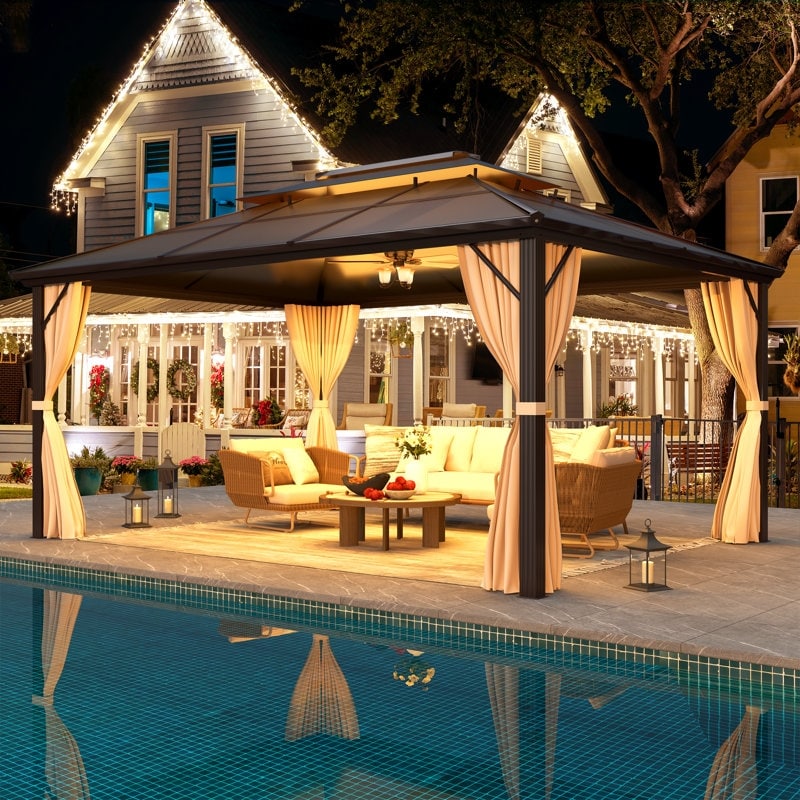 Hardtop Gazebo for Backyard – Permanent Pergola with Netting, Curtains & Double Roof, All-Weather Outdoor Shelter