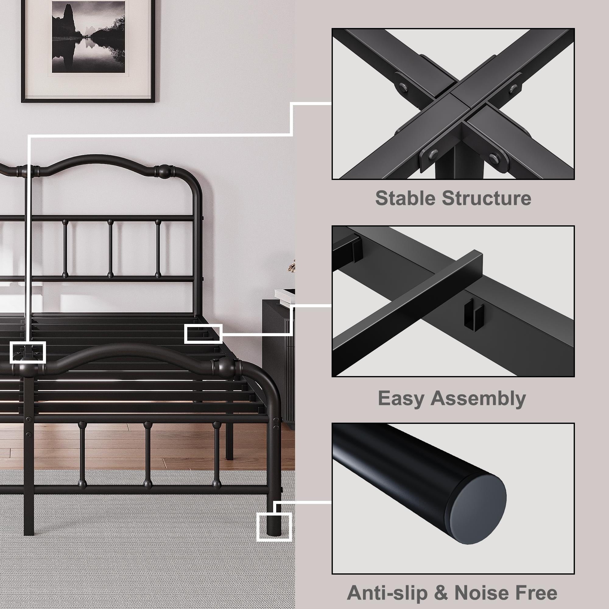 14 In High Heavy Duty Metal Bed Frame with Vintage Style, Supports Up To 2500lbs, Easy Assembly and No Squeak
