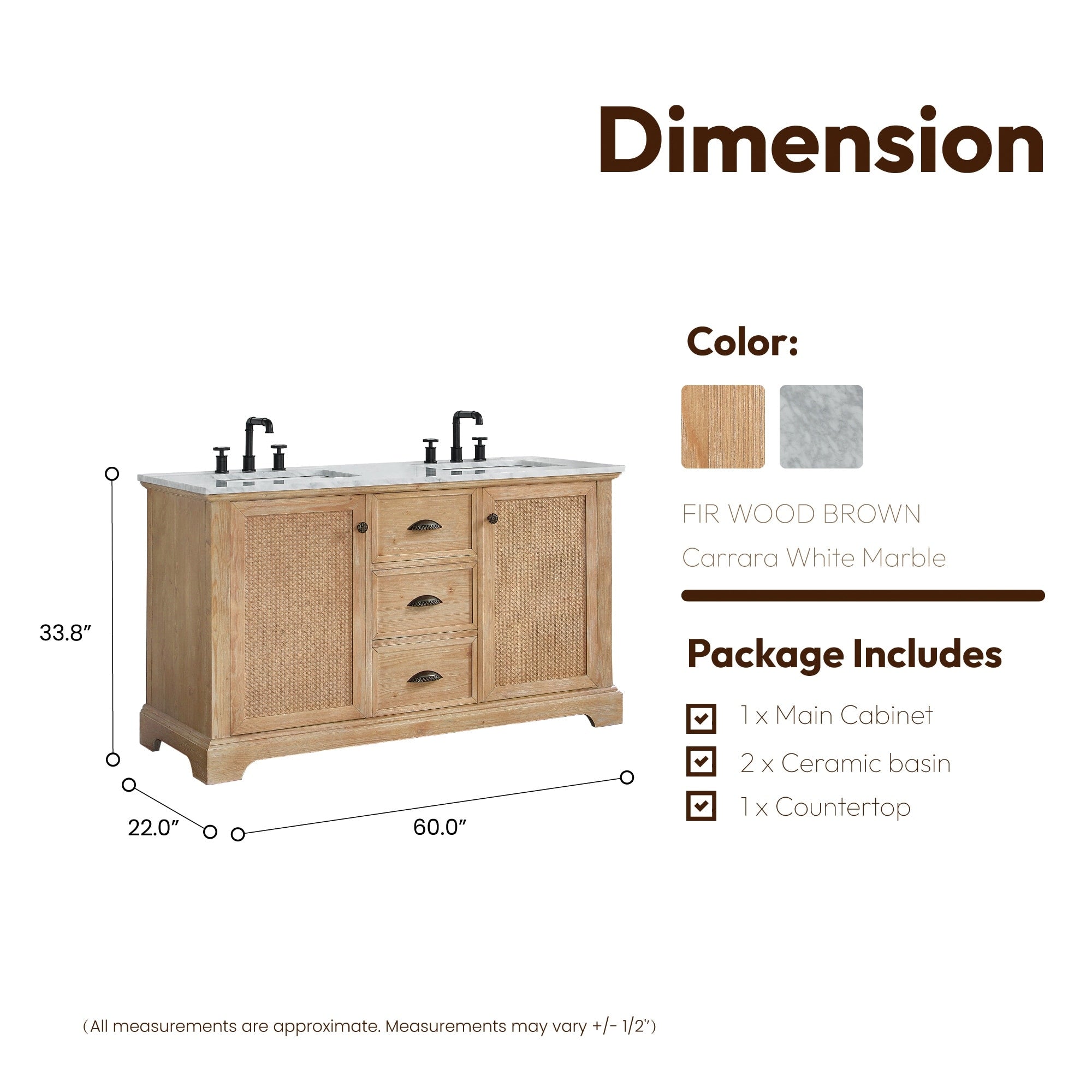 Hervas Bath Vanity with Natural Marble Top without Mirror