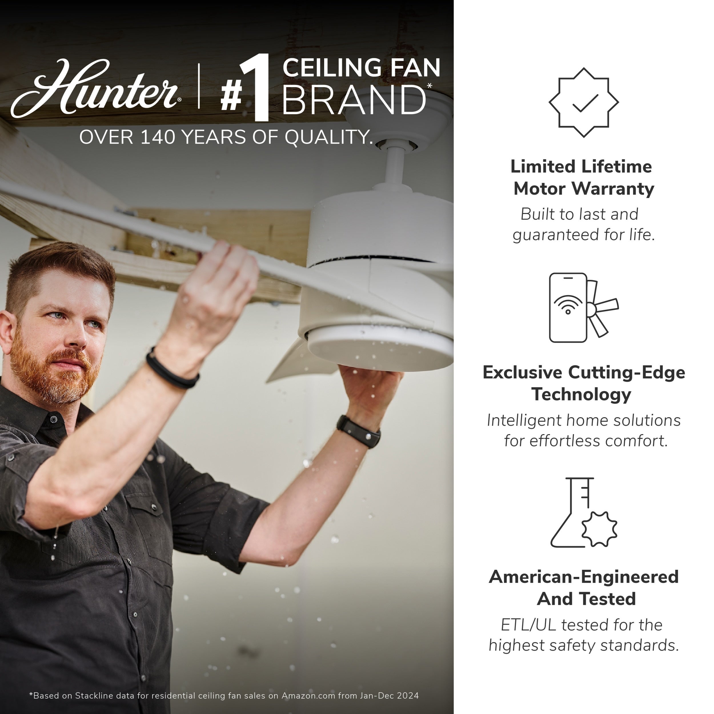 Hunter 52 Skyflow Outdoor Ceiling Fan w/ LED Light Kit, Wall Control - Coastal Modern Contemporary - WeatherMax - WET-RATED!