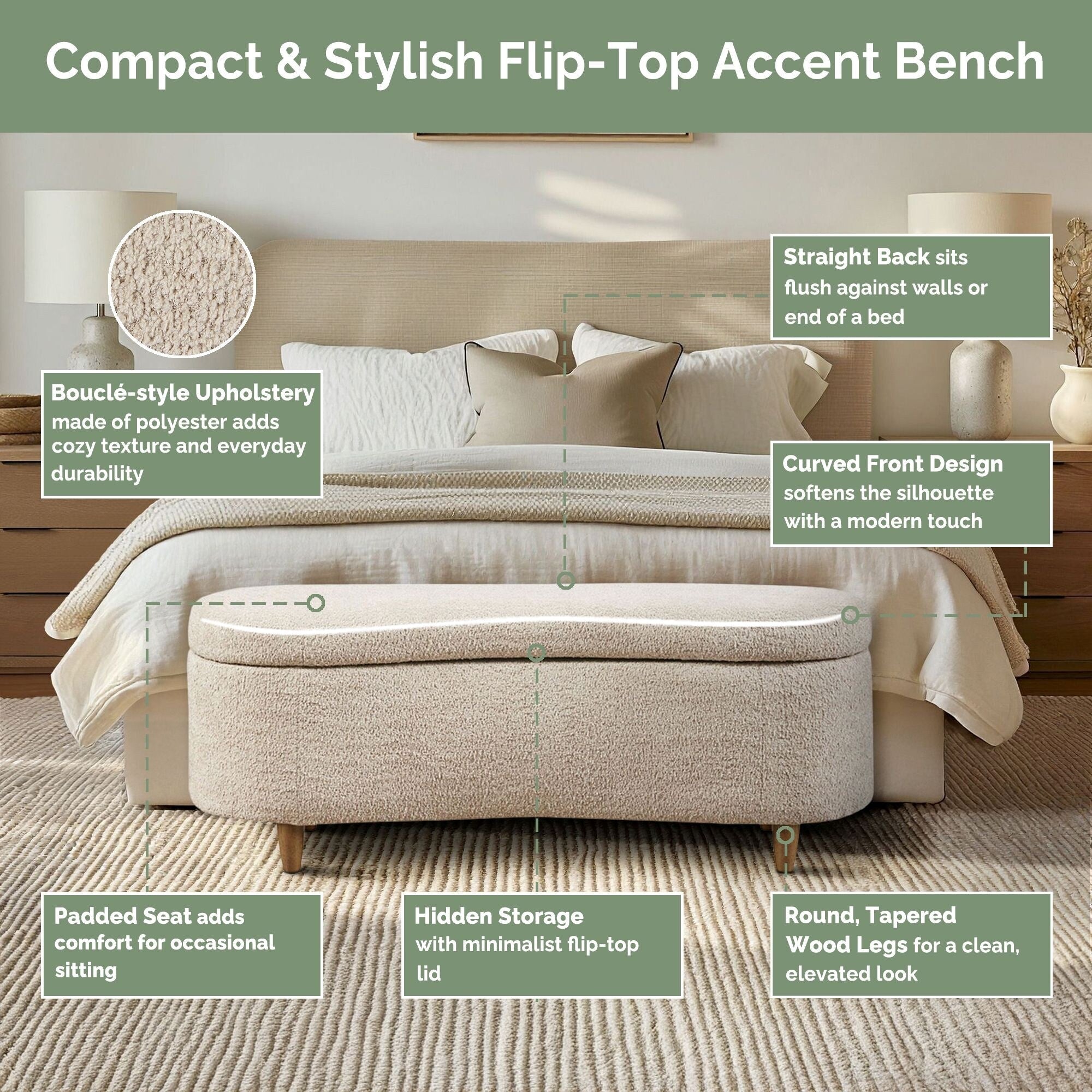 INK IVY Bailey Boucle-Style Curved Storage Accent Bench