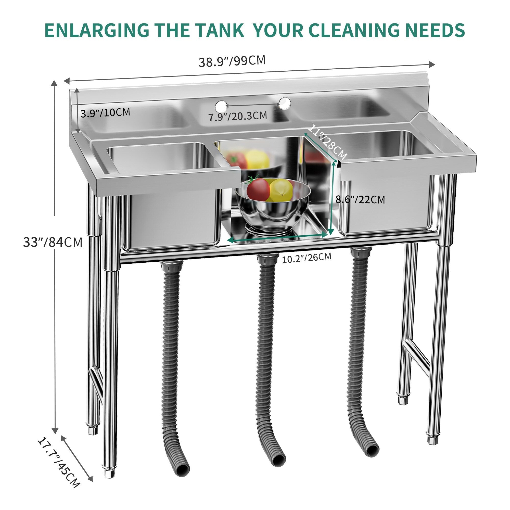 Kitchen Sink Stainless Steel Compartment Bowl Freestanding Commercial Sink