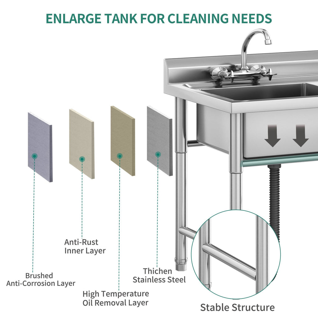 Kitchen Sink Stainless Steel Compartment Bowl Freestanding Commercial Sink