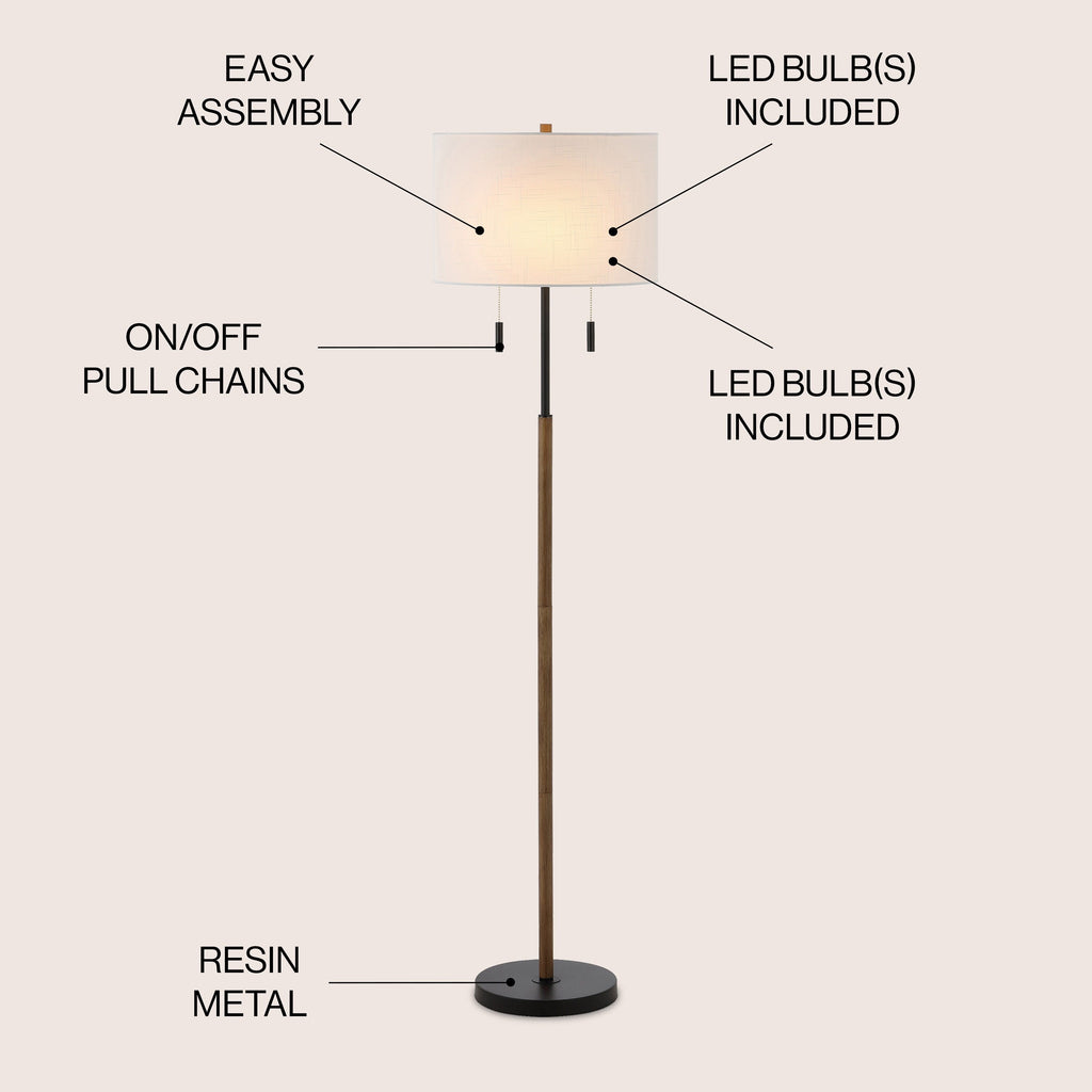 Koda 61 Rustic Farmhouse Iron Candlestick Pull Chains LED Floor Lamp, Brown Wood Finish/Black by JONATHAN Y
