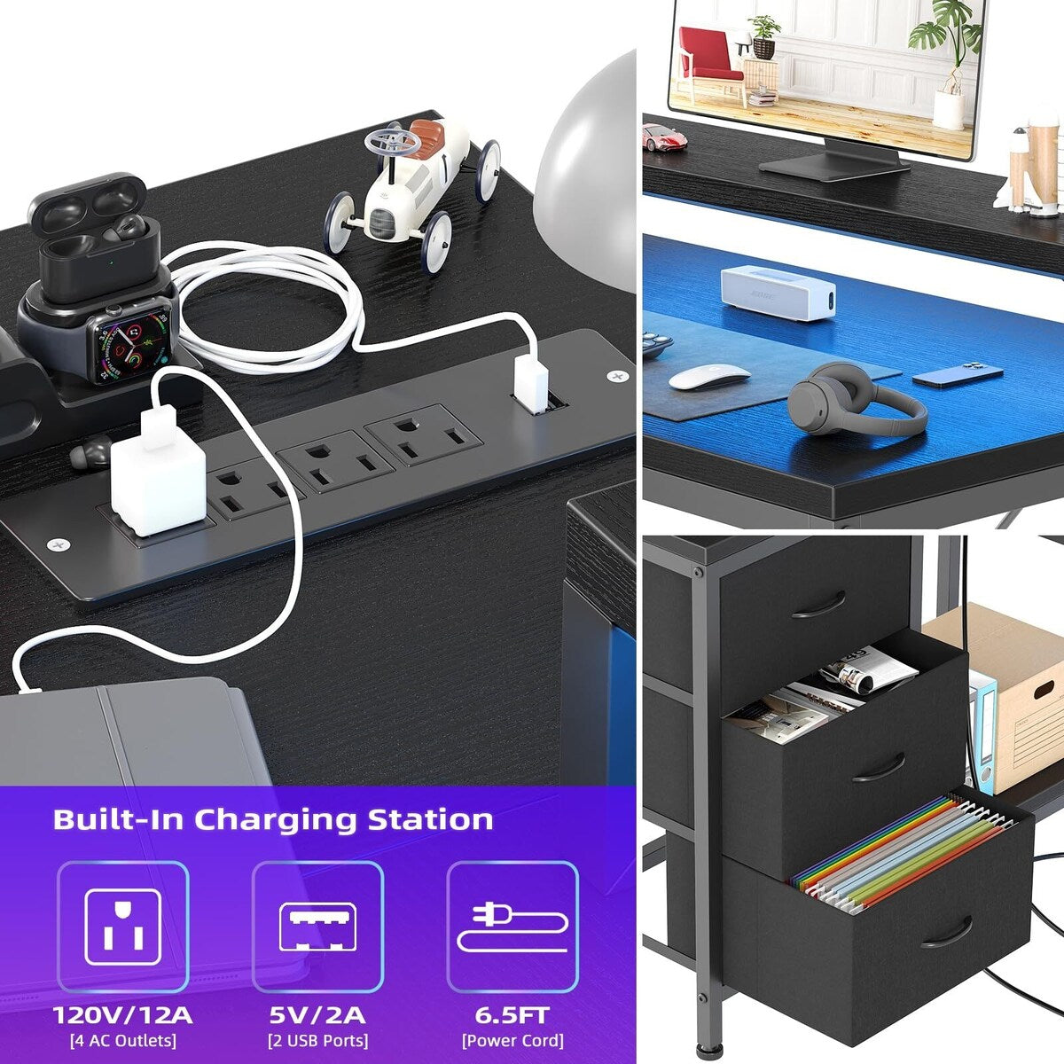 L Shaped Desk with Power Outlets & LED Lights