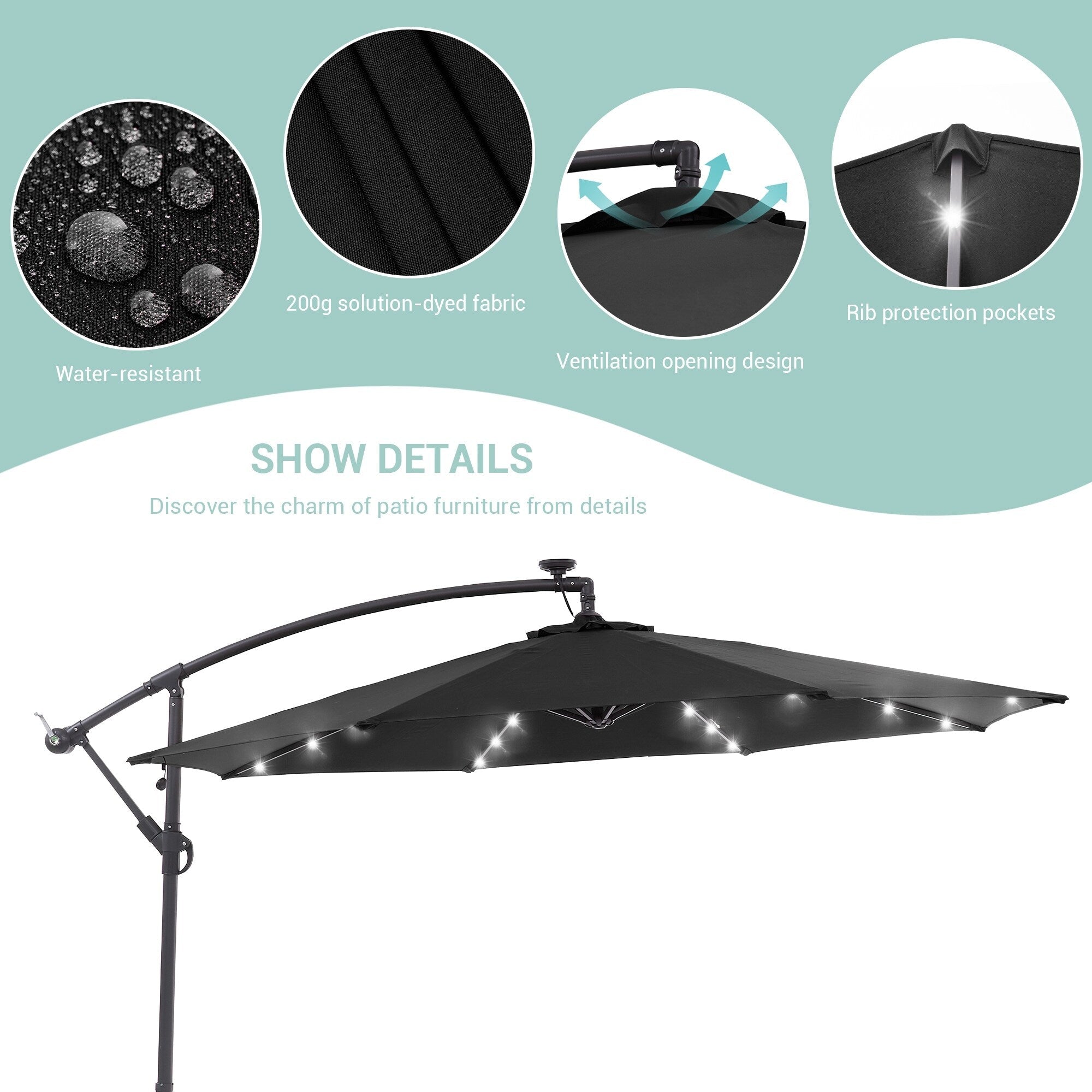 LIVOOSUN 10ft LED Patio Offset Umbrella With Cross Base