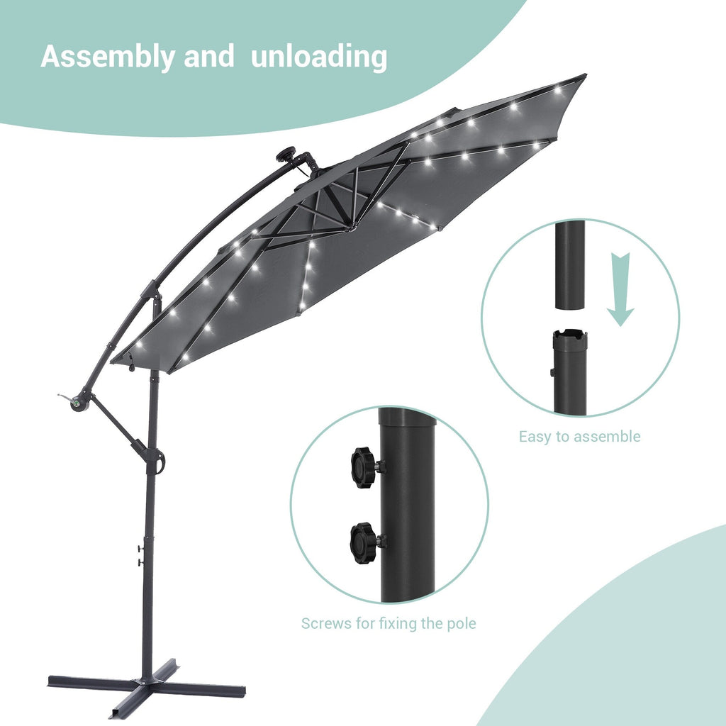 LIVOOSUN 10ft LED Patio Offset Umbrella With Cross Base