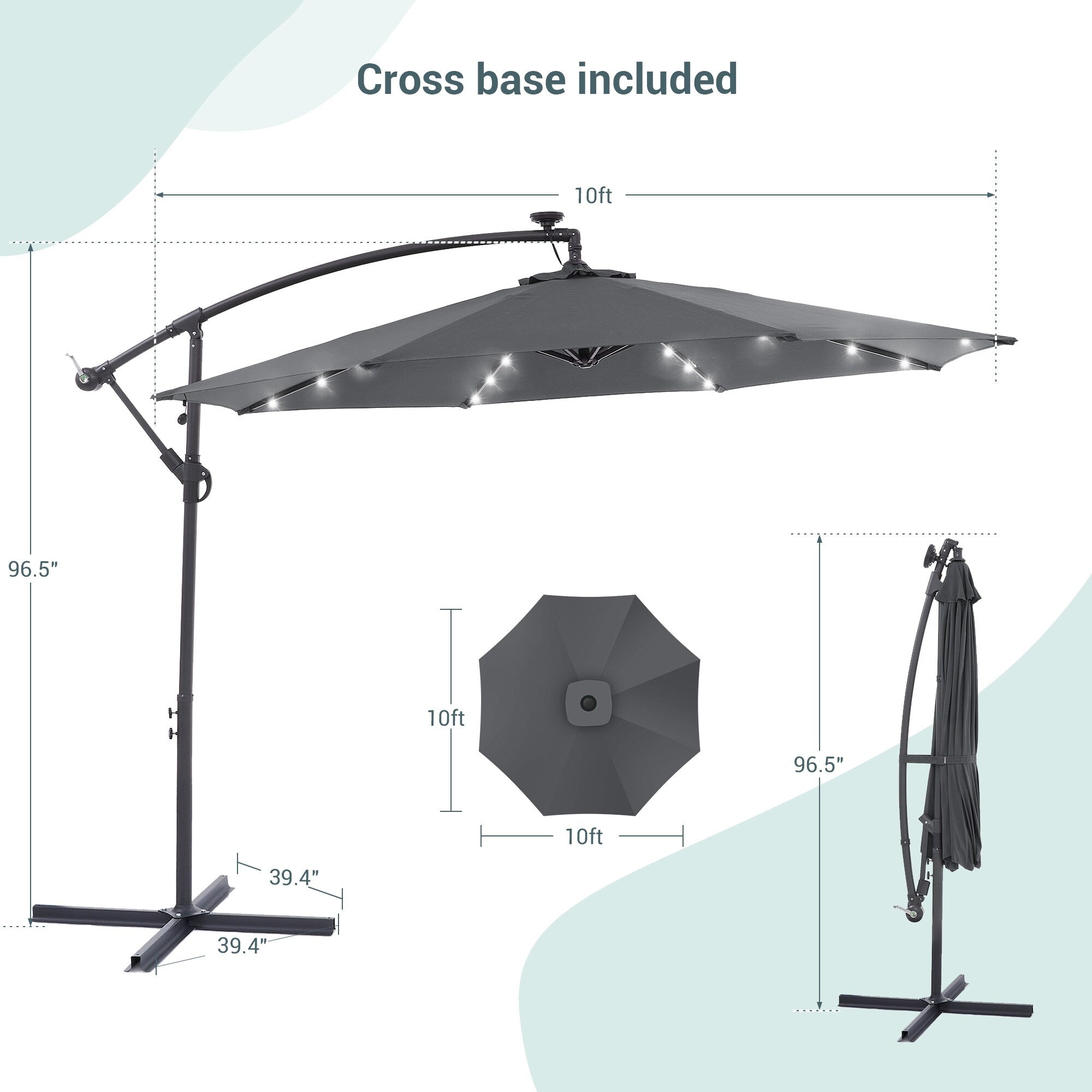 LIVOOSUN 10ft LED Patio Offset Umbrella With Cross Base