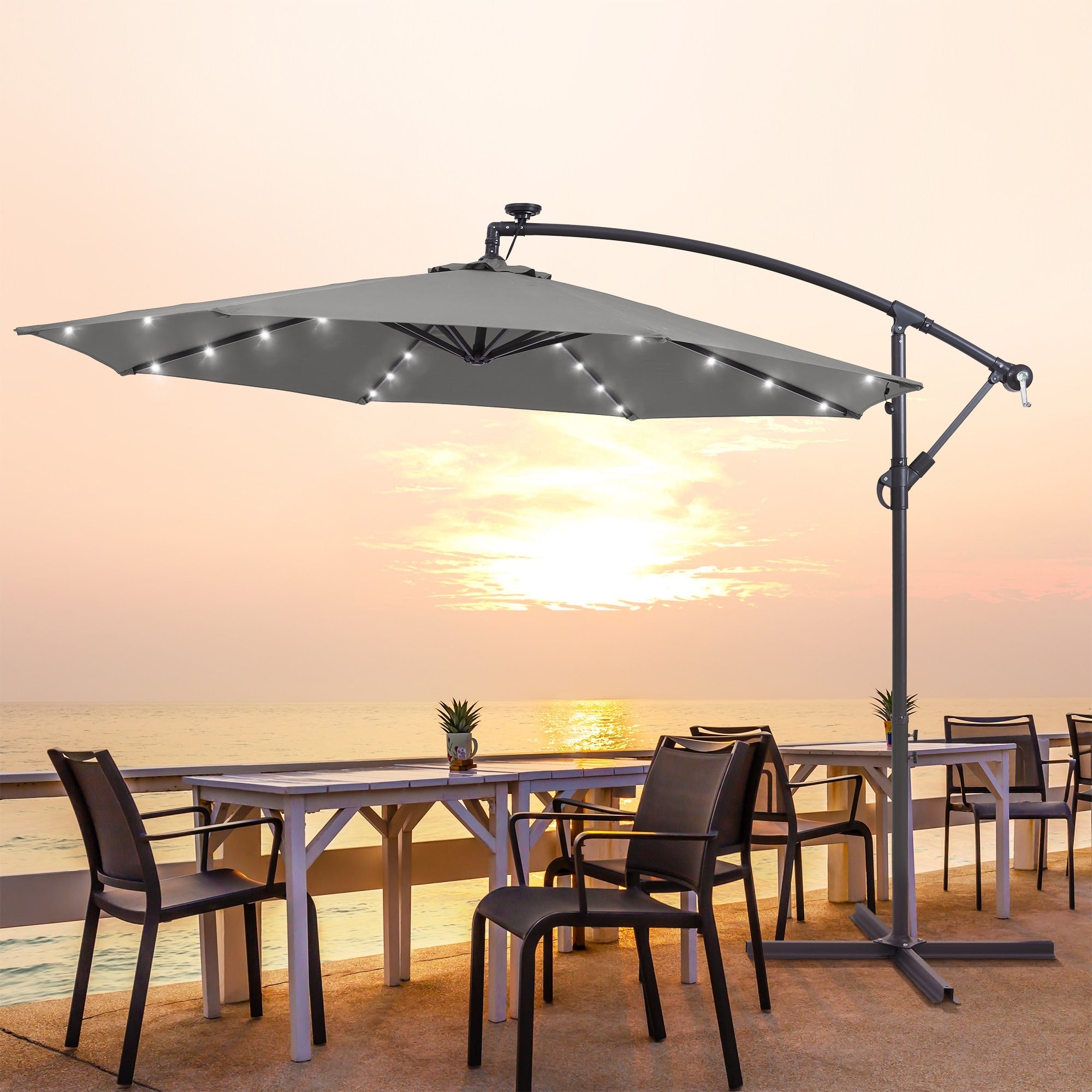 LIVOOSUN 10ft LED Patio Offset Umbrella With Cross Base