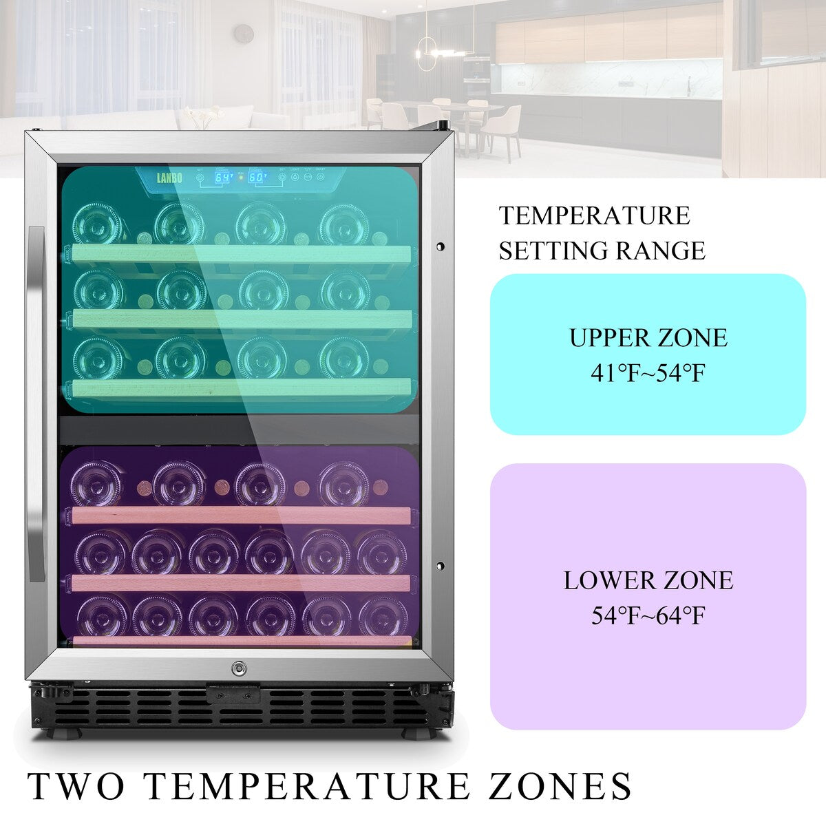 Lanbo 24 Inch Built-in Dual Zone Compressor Wine Cooler, 44 Bottle
