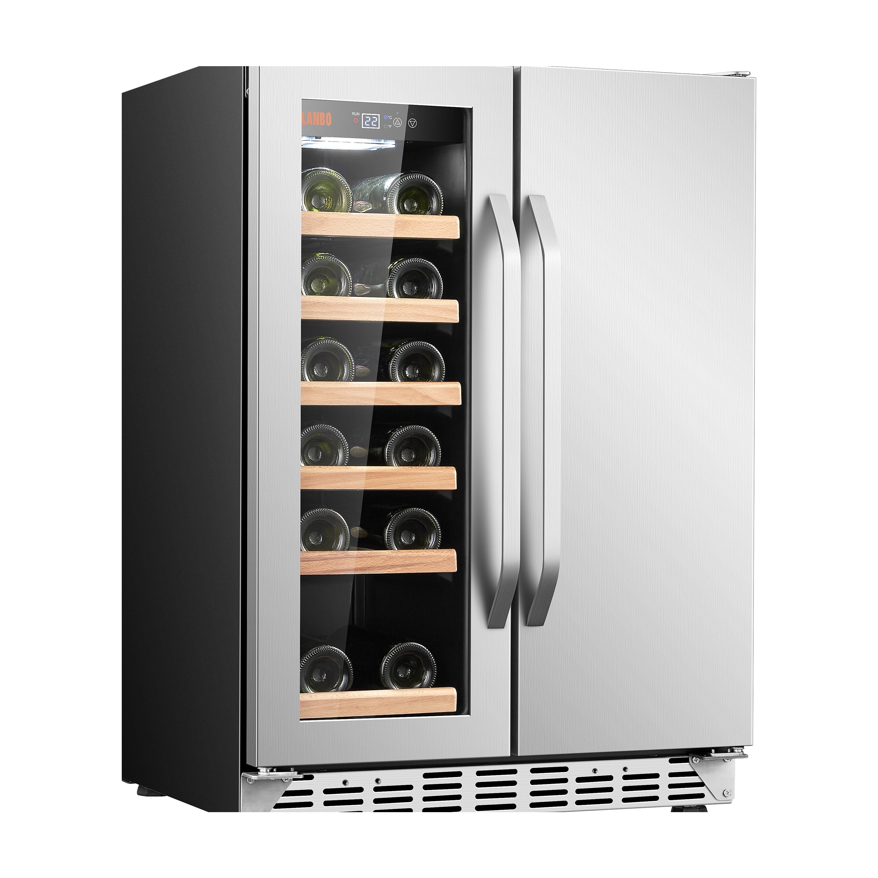 Lanbo 24 Inch Dual Zone 18 Bottle Wine and 55 Can Beverage Cooler, Stainless Steel and Glass with French Door