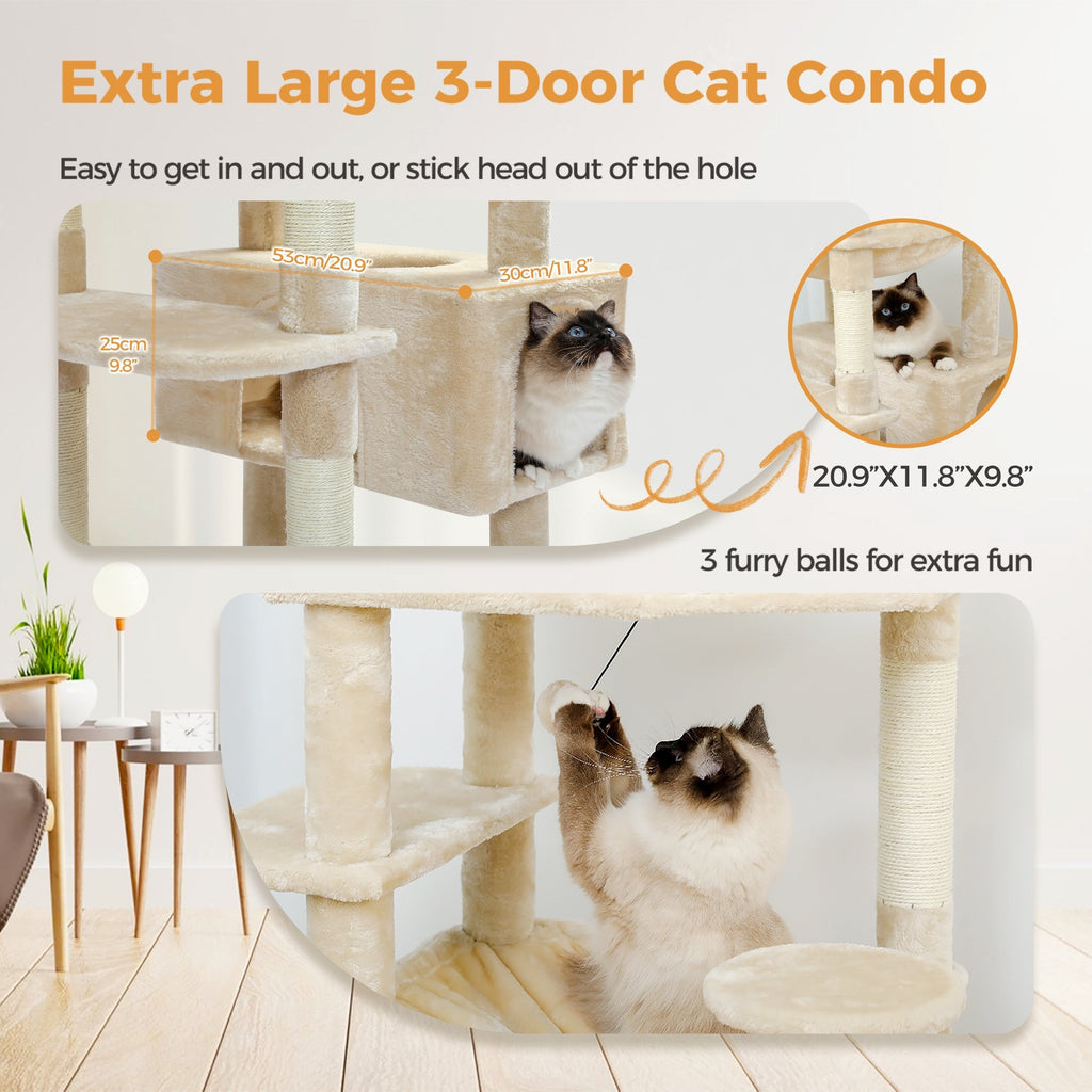 Large Cat Tower Cat Condo with Scratching Posts and Pads, 2 Padded Perch, Dual Condo and Basket
