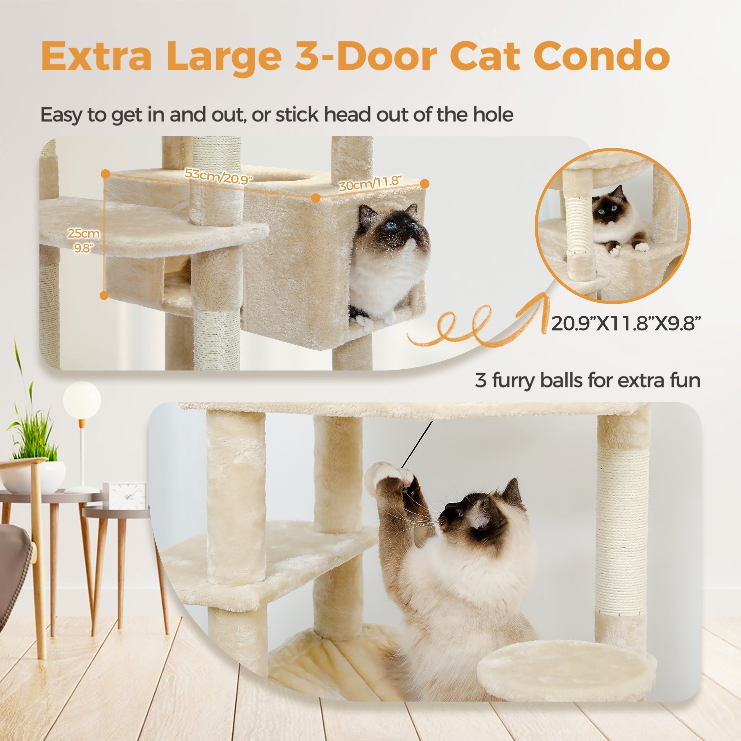 Large Cat Tower Cat Condo with Scratching Posts and Pads, 2 Padded Perch, Dual Condo and Basket