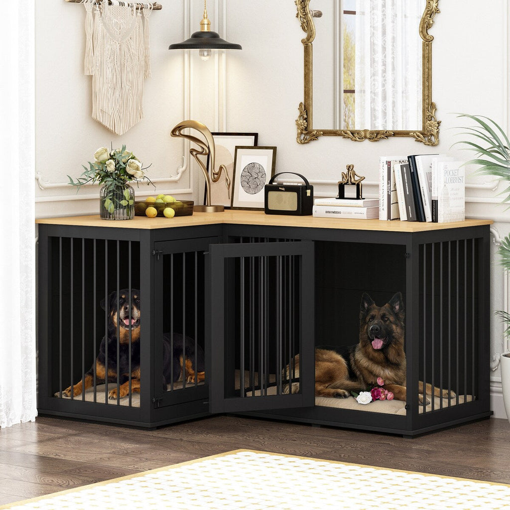 Large Corner Dog Crate Furniture for 2 Dogs, L Shape Dog Crate Cage - 58.7X41.1